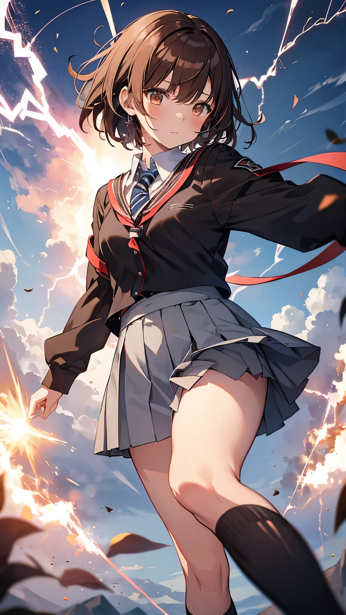 superior_Mikoto,brown hair,short hair, electricity, School_uniform, 1 girl, tokiwadai_School_uniform, interface movement, have supernatural powers, lightning