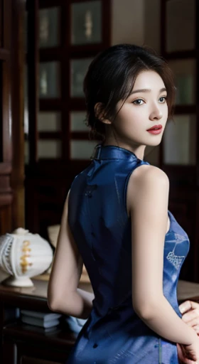 original，masterpiece，Super detailed photos，best quality，ultra high resolution，photo reality，Sunlight，full body portrait，stunningly beautiful，，dynamic poses，delicate face，vibrant eyes，（View from the side），((Beautifully_blue_On the cheongsam))，On the cheongsam，Off the shoulders，Beautifully head flower，Sitting on leather sofa，Very detailed background，Detailed faces，Detailed and complex busy background，untidy，abundant cleavage，Milky white W，highly refined skin，Authentic skin details，Visible pores，lock focus，volumetric fog，8K Ultra HD，digital SLR camera，high quality，film grain，White skin，photorealism，DL，A metropolis in a future dystopia , looking from bottom to top, translucent