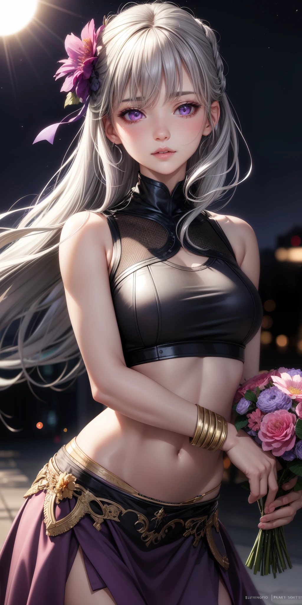 realistic, 1 girl, gray hair, purple eyes, shining eyes, crop top, skirt, parted lips, blush, night, flowers, sun, sunlight,