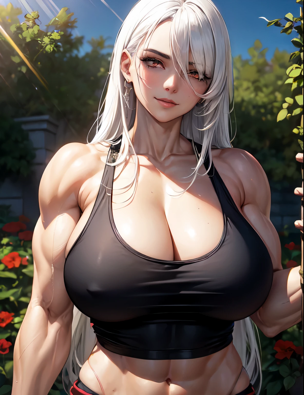 4k, ,Lens flare, white hair ,mascara, eyeliner, god rays, 4k, 8k, best quality, masterpiece, hyper detailed, intricate detail, eyes aligned, long hair, tank top, massive breasts, garden, smug, muscles, abs, glowing eyes