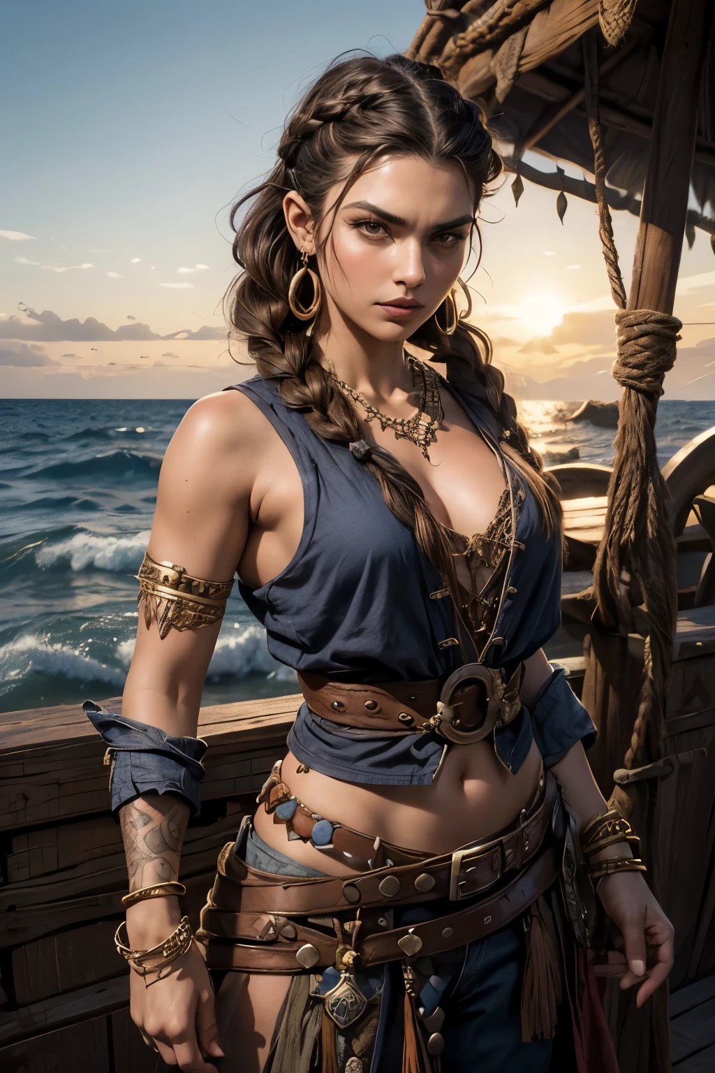 medieval, 26 years old woman, (brown skin, sun tanned skin), paint on face, (dark brown hair, french braid, braided hair, hair shaved on the sides, undercut, hair over shoulders), (brown eyes, thick eyebrows, angry), (privateer clothes, pirate dark blue clothes, pirate style, barbarian style), (sword in both hand, dual wielder), (bead bracelets, bead necklace, hoop earring, jewelry), rpg character, lord of the rings style, dungeons and dragons style, waist and head image, pirate ship background, sea brackground