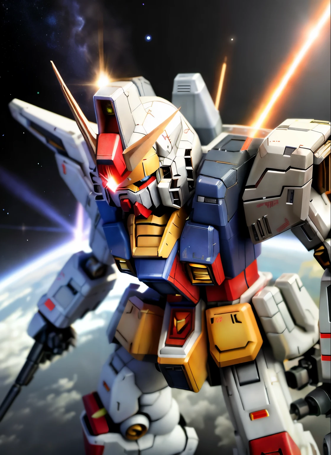 ((SF))、(masterpiece)、highest quality、Highly detailed CG Unity 8k wallpaper、((SD Gundam 1.2))、(F91 キー)、sharp gaze、Confront the enemy with a bazooka and saber、dance in the air、Flying through the sky like a comet、surrounded by fin funnels、chibi character、background earth、realistic outer space、robot、mechanic、docking core、Maximum output、continuous attack、beam radiation、Vesbar、fully armed、rusty edge、shine of light、Lens flare、unreal engine、