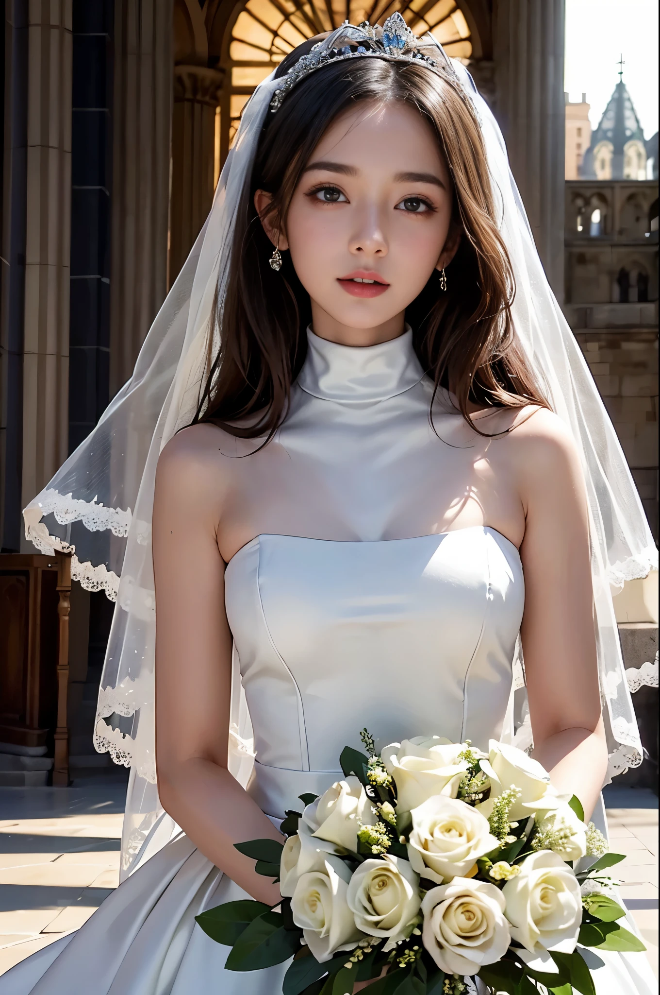 8 thousand, Ultra HD, masterpiece, best quality, only 1 girl, Very pretty, nice face, detailed eyes, huge laugh, shiny lips, detailed eyes, medium chest, beautiful, cute teen, sweet, sun glare, Conservative attire, turtleneck wedding dress, bridal tiara, bridal veil, bouquet, depth of field, blurred background, Cathedral Background, light particles, strong wind, head tilt, long hair