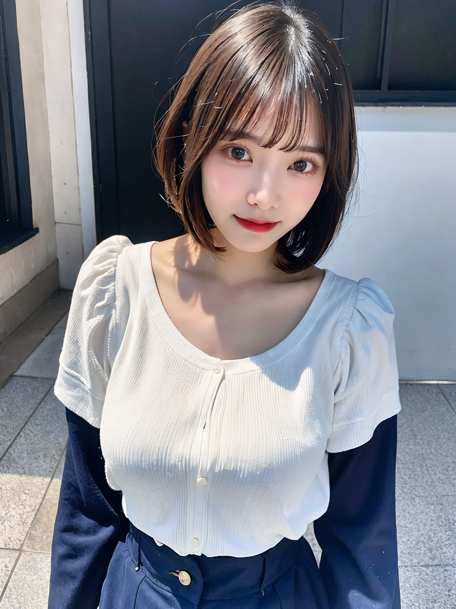 ((highest quality、8k、masterpiece:1.3))、Detailed female:1.3、(medium bob hair、big breasts:1.3)、neat clothes、Selfie
