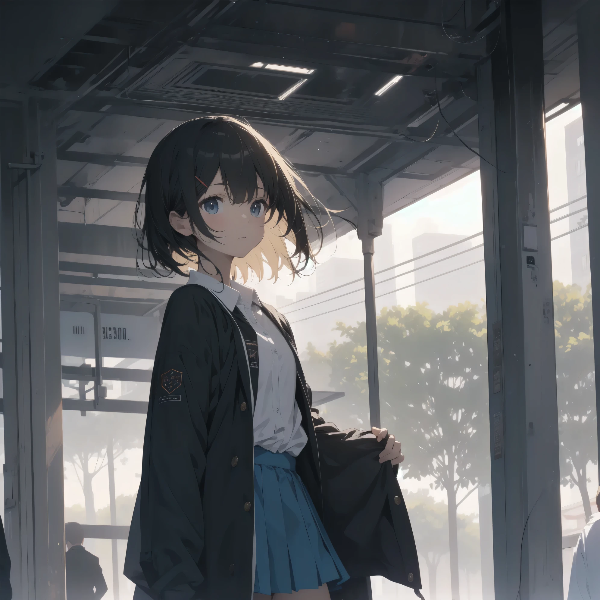Super absurd quality by the god of art, super detailed, High resolution, anime moe art style, Best Anime 8K Kona-chan Wallpaper, pixiv contest winner, perfect anatomy, break,(眠そうにalone学校へ行く女の子を描いてください. )break,1 girl, (alone,little woman, baby face, :1.3),All limbs, full finger,, The charm of an immature body, (very short hair), bangs, flat chest, Small Bodysuits, small ass, between legs, small black eyes, detailed and beautiful eyes, Well-proportioned iris and pupils, expressive eyes, sleepy eyes, High resolutionの詳細な髪, hair ornaments, skirt, collared shirt, pleated skirt, school uniform, school bag,(detailed lighting), (detailed background), On the way to school. break,super dense skin, Best movie lighting by famous artists, 8k,cute illustration,photoshop_(Moderate),Absurd Hi-Res,Hmm,rough skin