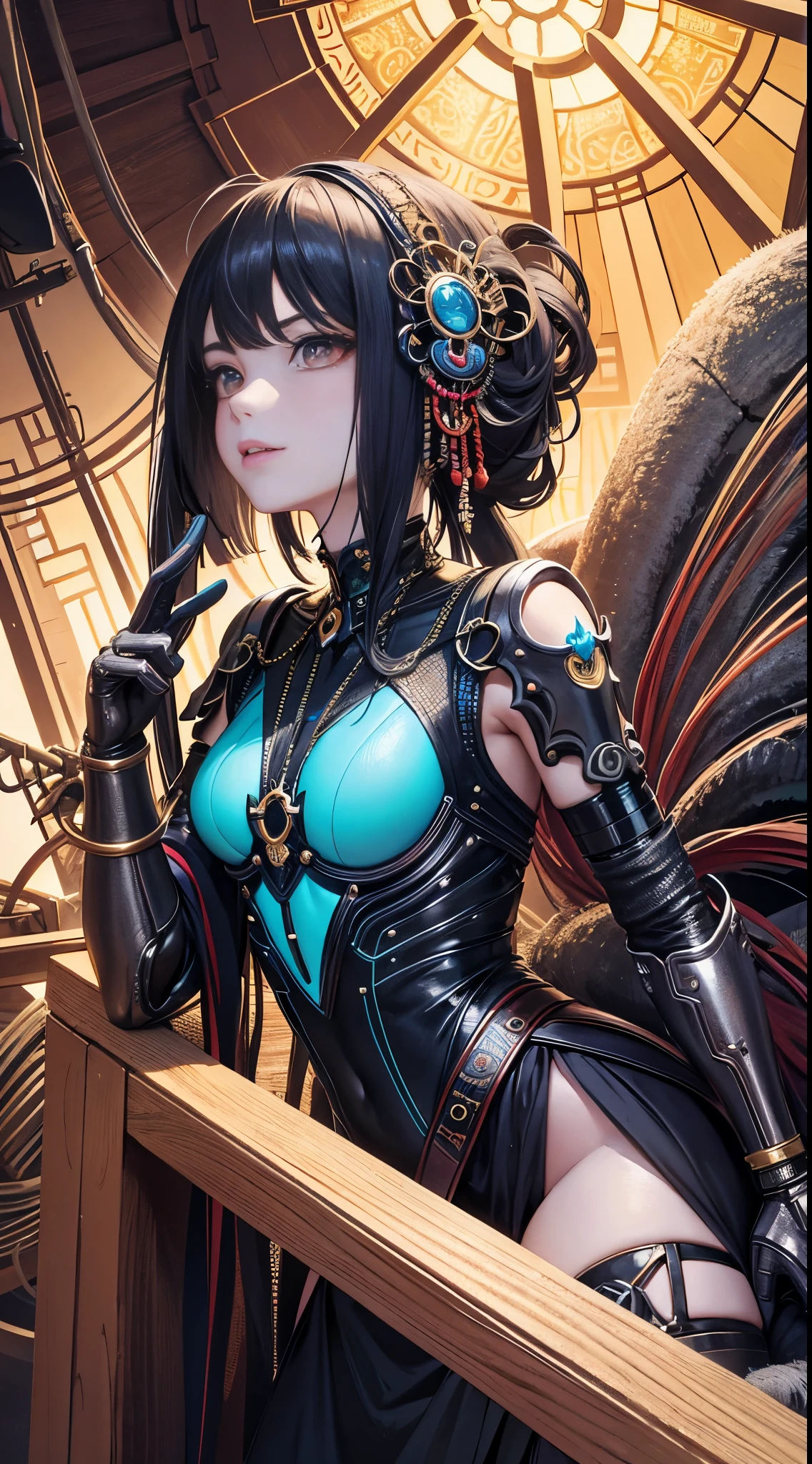 (master piece,highest quality,best quality,official art,Cosmetology and aesthetics:1.2),(1 girl),very detailed,(fractal art:1.3),very colorful,Most detailed 1 Machine girl,((surreal details)),sports late,global illumination,shadowing,Rendering with Octane,8k,super sharp,Metal,Complex,Decorations detailed,cool colors,egyptian details,非常にComplexディテール,realistic ray tracing,cgsociety trends,shining eyes of light,towards the camera,neon light details,mechanical limbs,blood vessels attached to tubeechanical vertebrae attached to the back,Mechanical cervical connection in the neck,sat down,Wires and cables connecting to the head