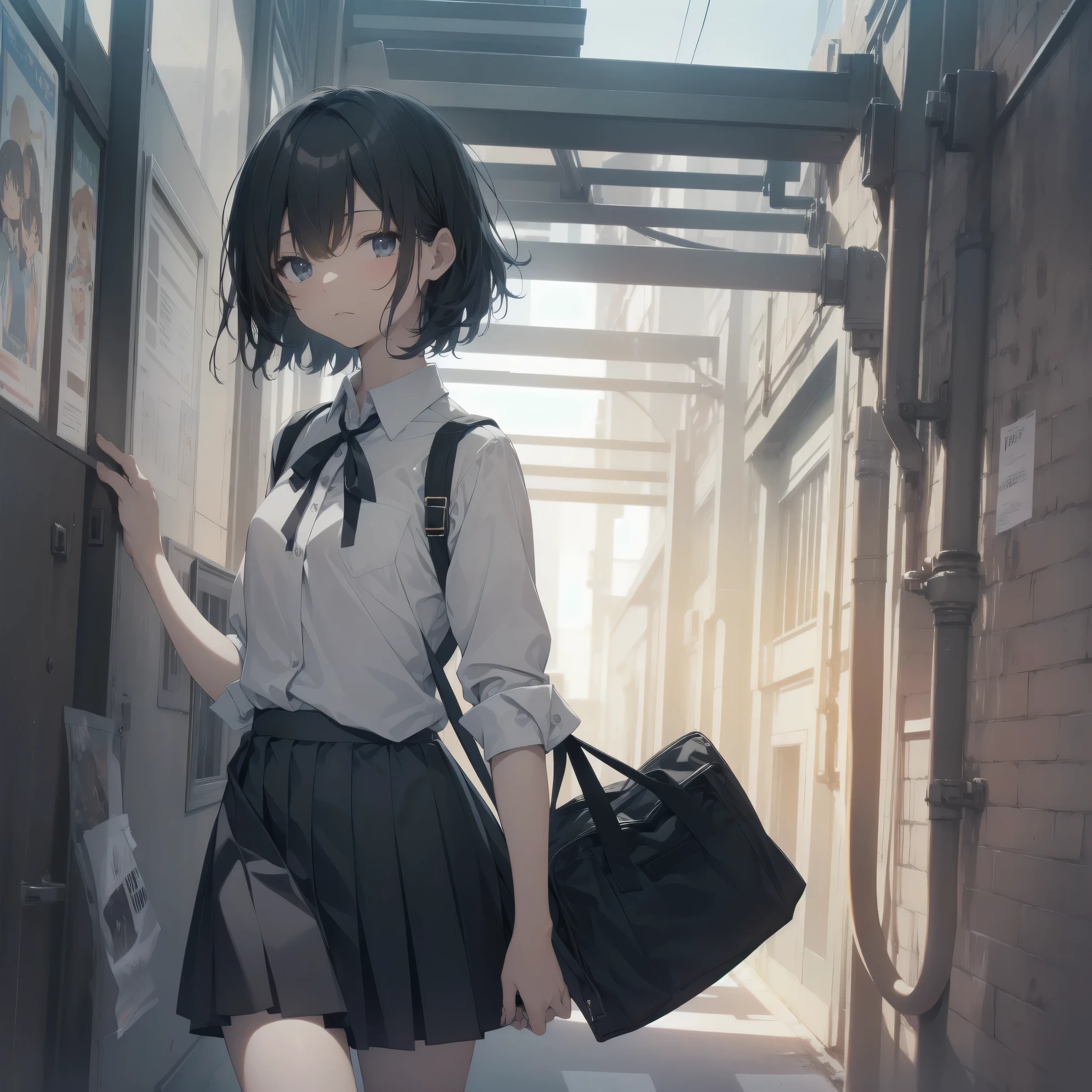 Super absurd quality by the god of art, super detailed, High resolution, anime moe art style, Best Anime 8K Kona-chan Wallpaper, pixiv contest winner, perfect anatomy, break,(眠そうにalone学校へ行く女の子を描いてください. )break,1 girl, (alone,little woman, baby face, :1.3),All limbs, full finger,, The charm of an immature body, (very short hair), bangs, flat chest, Small Bodysuits, small ass, between legs, small black eyes, detailed and beautiful eyes, Well-proportioned iris and pupils, expressive eyes, sleepy eyes, High resolutionの詳細な髪, hair grip, neck ribbon, skirt, collared shirt, pleated skirt, school uniform, school bag,(detailed lighting), (detailed background), On the way to school. break,super dense skin, Best movie lighting by famous artists, 8k,cute illustration,photoshop_(Moderate),Absurd Hi-Res,Hmm,rough skin