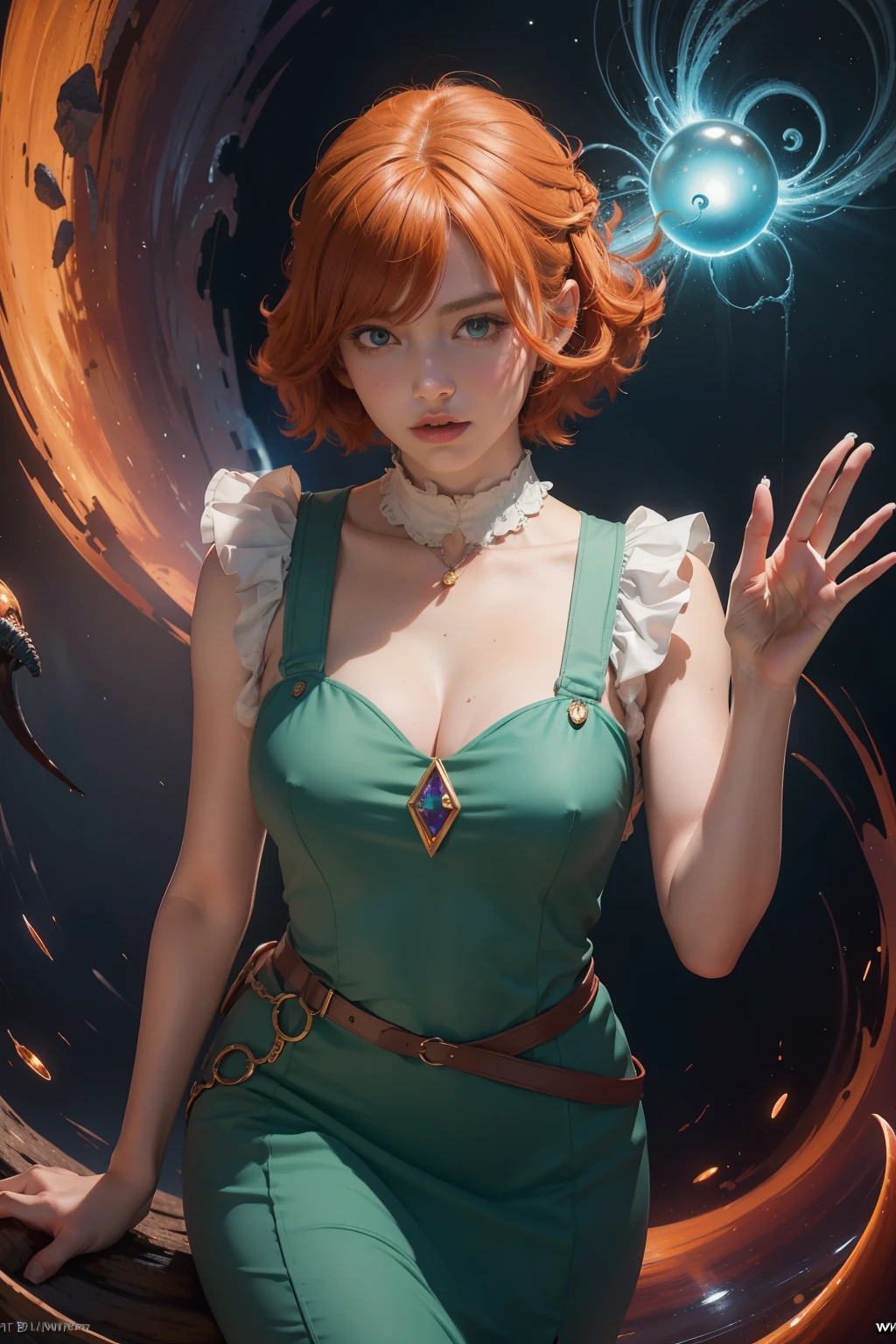 concept art, overhead angle of a Will-o'-the-wisp, wearing Funny Somali Emerald deep orange Pinafore, Caramel hair styled as Short hair, fluorescent purple Hair tie, equirectangular 360, Highres,  [(art by Willi Baumeister:1.1), (art by John T. Biggers:1.2)::17], official art, unity 8k wallpaper, ultra detailed, aesthetic, masterpiece, best quality, photorealistic