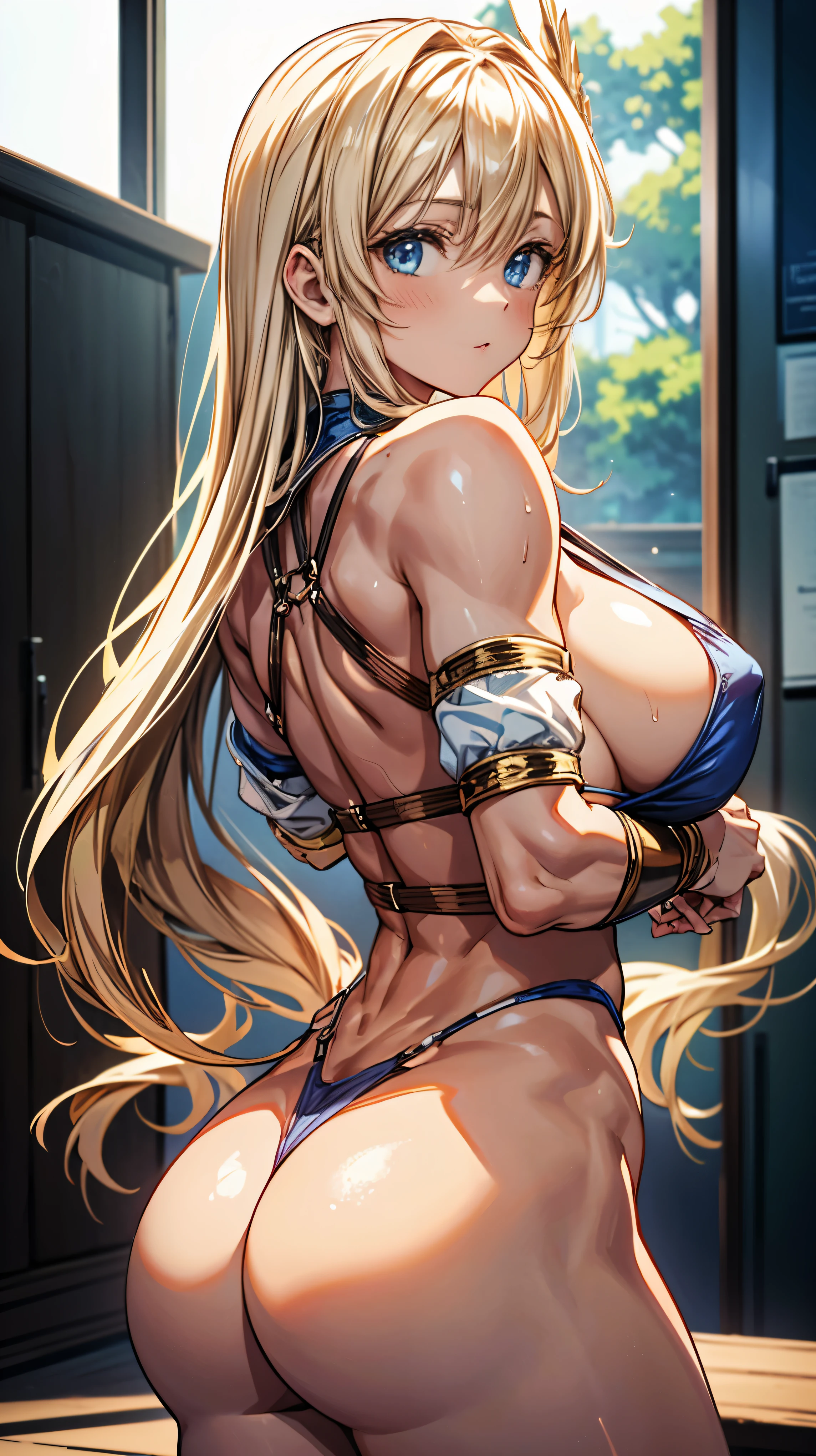 sensual, long blonde hair, thick thighs, 8k, 4k, highest quality, High resolution:1.2), cute anime face, noise reduction, shining blue eyes, gentle smile, kind eyes、toned abdominal muscles, muscular arms, muscular legs,  young face, anime eyes, (((big breasts、A chest that is about to burst)))、(((bondage style)))、(((Rear view、I&#39;I&#39;ll turn around、T-back song that bites into your butt)))、(Sophitia Alexandra)