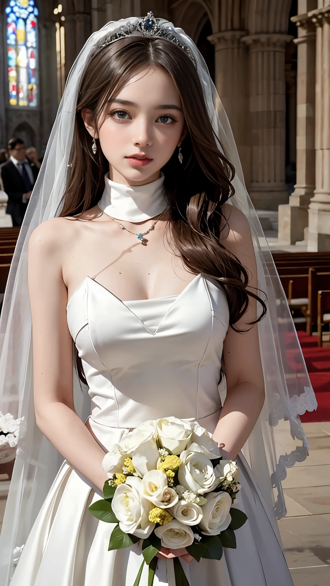 8 thousand, Ultra HD, masterpiece, best quality, only 1 girl, Very pretty, nice face, detailed eyes, huge laugh, shiny lips, detailed eyes, medium chest, beautiful, cute , sweet, sun glare, Conservative attire, turtleneck wedding dress, bridal tiara, bridal veil, bouquet, depth of field, blurred background, Cathedral Background, light particles, strong wind, head tilt, long hair