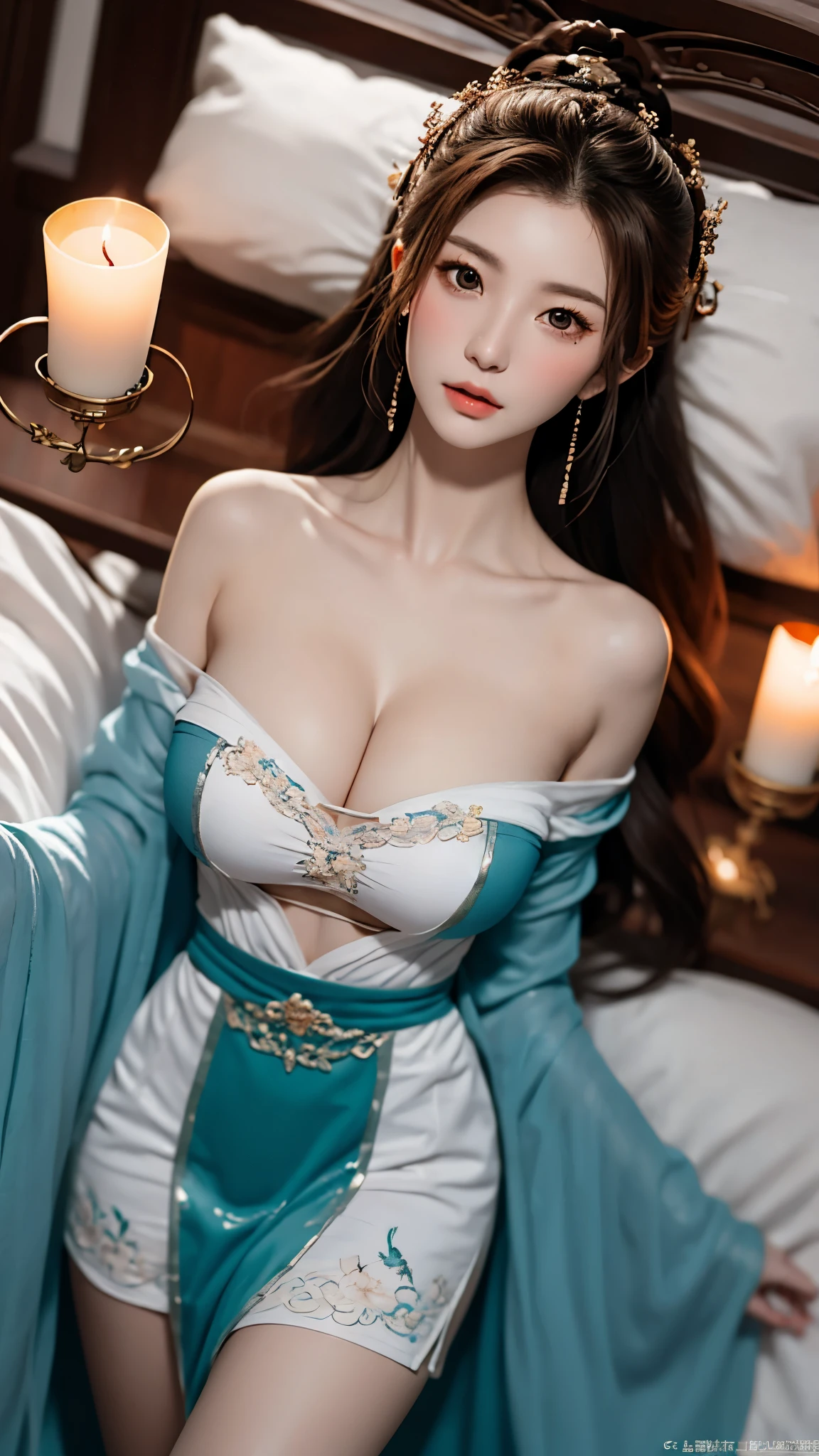 gufeng,bare shoulders, 1girl, Lying in bed, ((Bird&#39;s eye view shot)), ((cowboy shot)), Show off your exquisite figure and graceful curves, slim body, big breasts, cleavage, sexy legs, big eyes, elegant posture, long hair, brown hair, curls, big wave, night, candlelight, masterpiece, best quality, correct, 解剖学correct, official art, complex, detail的脸, detail, lifelike, Very detailed, official art