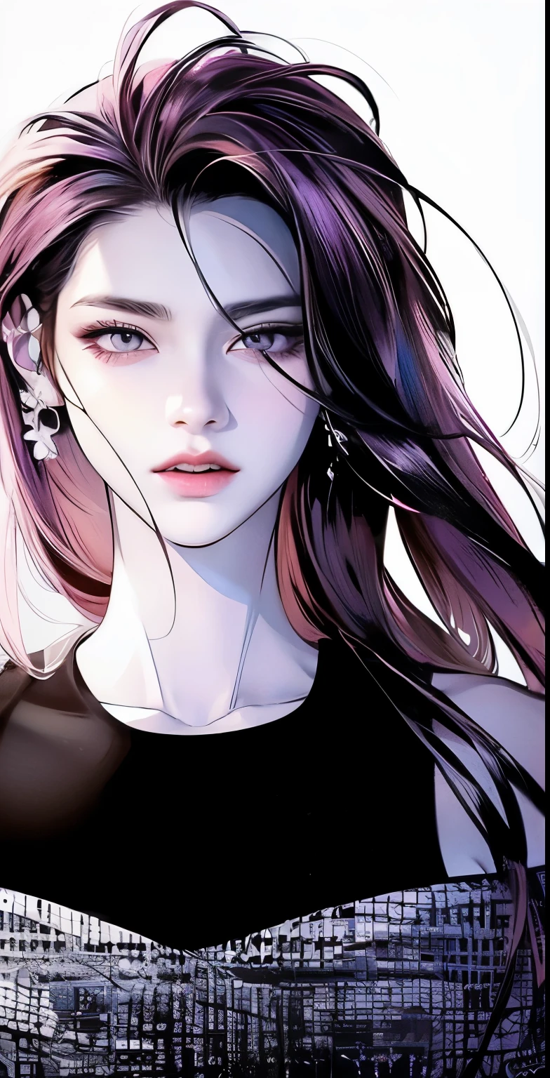Masterpiece of woman, Adult woman with firm facial features like Korean women, purple mix pink eyes, his nose is sharp, surpr mature, purple mix pink eyes, very pretty, beautiful girl, white, clean, smooth skin
