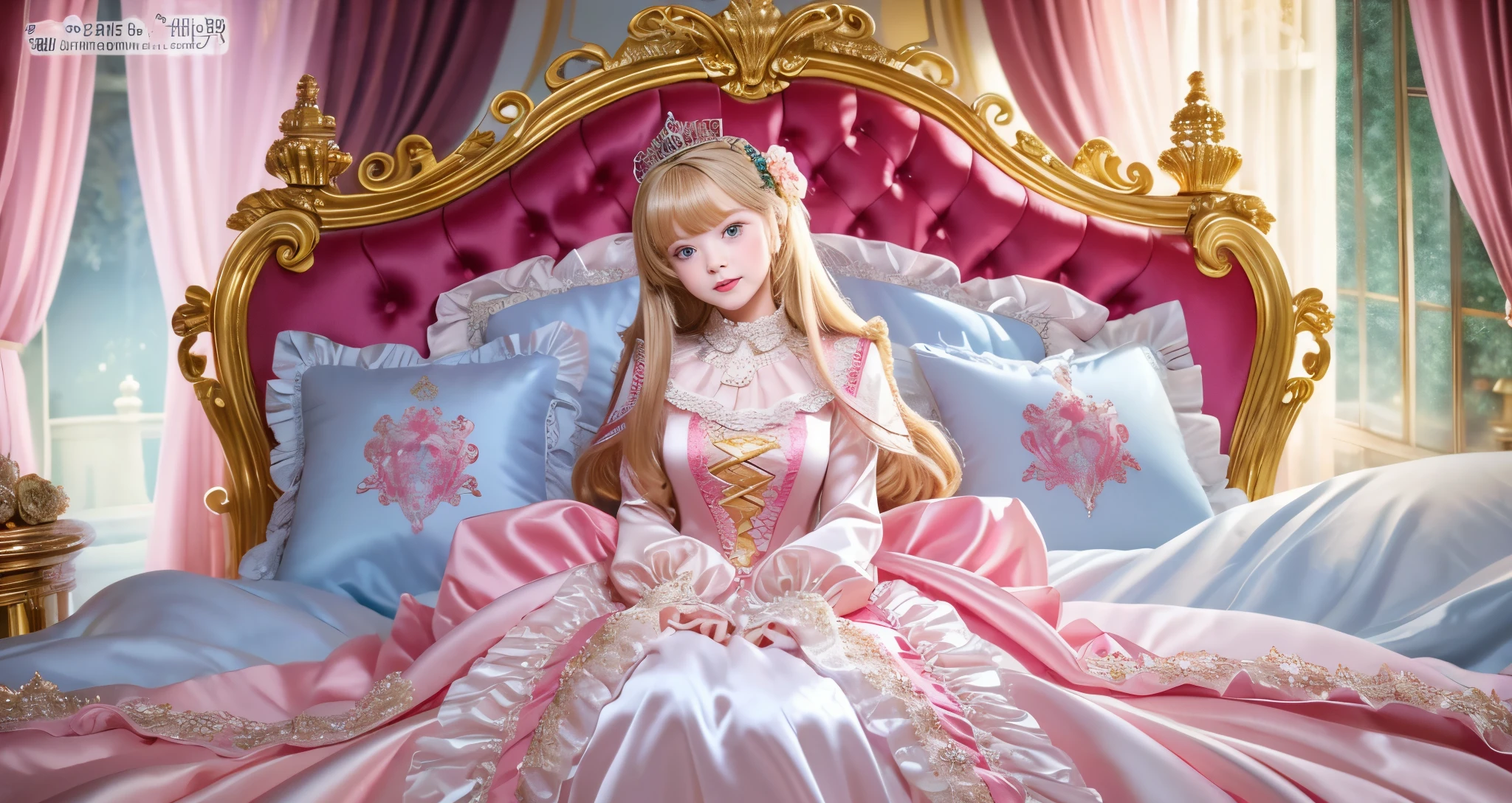 ,highest quality, masterpiece, highest resolution, artwork, super それにget used to it, many get used to it, get used to it, それにget used to it, 3K ultra-high resolution realistic photos,,(( When I )),Super detailed baby face,She isss,Full length ball gown dress with hoop skirt,ruffled yoke collar,puff sleeves,long sleeve,((Lolita style hot pink detailed princess satin dress、Comes with lots of frills and ribbons。)),colorful rococo fashion,shiny satin dress,Soft and smooth fabric,luxury,long blonde hair,blue eyes,white skin european,pajamas,((inside the palace)),,,(( When I was 10 years old)),Super ce,Full length ball gown dress witirt,long skirt,ruffled yoke collar,puff sleeves,腰まで伸びるlong blonde hair,blue eyes,white skin european,pajamas,((inside the palace bedroom)),ピンクのシルクサテンのluxuryなcanopy bedの上,canopy bed,luxurious curtains under the canopy,many frilly pillows on the bed,super detailed background,detailed bed,silk satin bed sheets,soft silk satin comforter,Soft silk satin ruffled pillow in pastel colors,little princess is sitting on the bed,((((large ball gown dress that completely covers the legs)))),((((legs are hidden in the dress,Don&#39;t put your feet out to the side)))),Beautiful girl illustration,detailed beautiful face detailed hair,detailed human eye ,detailed mouth, arm details,fine hands,Detailed pillow,Frilly pillows piled up behind the girl,