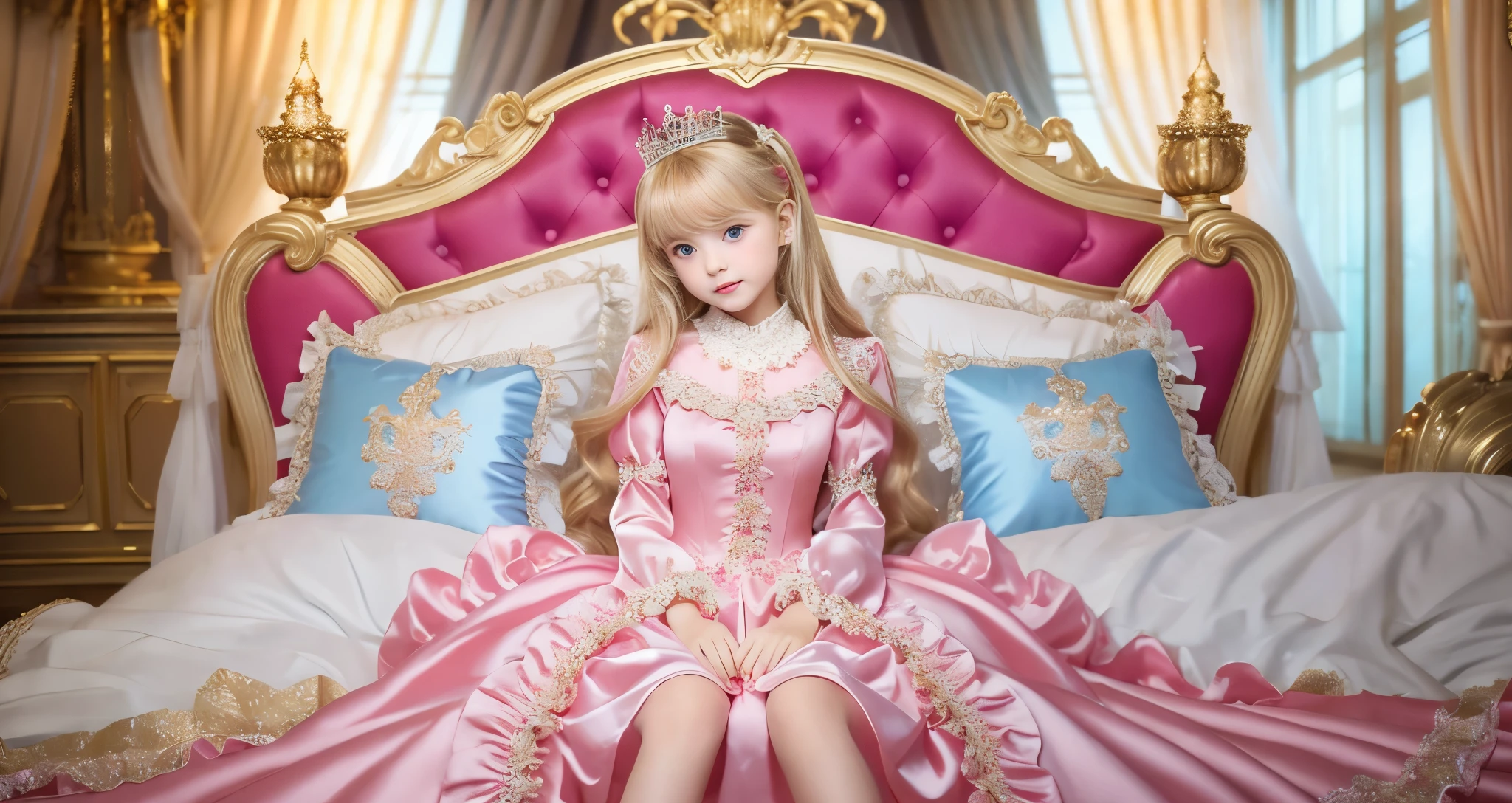 ,highest quality, masterpiece, highest resolution, artwork, super それにget used to it, many get used to it, get used to it, それにget used to it, 3K ultra-high resolution realistic photos,,(( When I was )),Super detailed baby face,She is a princess,Full length ball gown dress with hoop skirt,ruffled yoke collar,puff sleeves,long sleeve,((Lolita style pink detailed princess satin dress、Comes with lots of frills and ribbons。)),colorful rococo fashion,shiny satin dress,Soft and smooth fabric,luxury,long blonde hair,blue eyes,white skin european,pajamas,((inside the palace)),,,(( When I was 10 years old)),Sd baby face,Full length ball gown dress with hoop skirt,long skirt,ruffled yoke collar,puff sleeves,腰まで伸びるlong blonde hair,blue eyes,white skin european,pajamas,((inside the palace bedroom)),ピンクのシルクサテンのluxuryなcanopy bedの上,canopy bed,luxurious curtains under the canopy,many frilly pillows on the bed,super detailed background,detailed bed,silk satin bed sheets,soft silk satin comforter,Soft silk satin ruffled pillow in pastel colors,little princess is sitting on the bed,((((large ball gown dress that completely covers the legs)))),((((legs are hidden in the dress,Don't put your feet out to the side)))),Beautiful girl illustration,detailed beautiful face detailed hair,detailed human eye ,detailed mouth, arm details,fine hands,Detailed pillow,Frilly pillows piled up behind the girl,