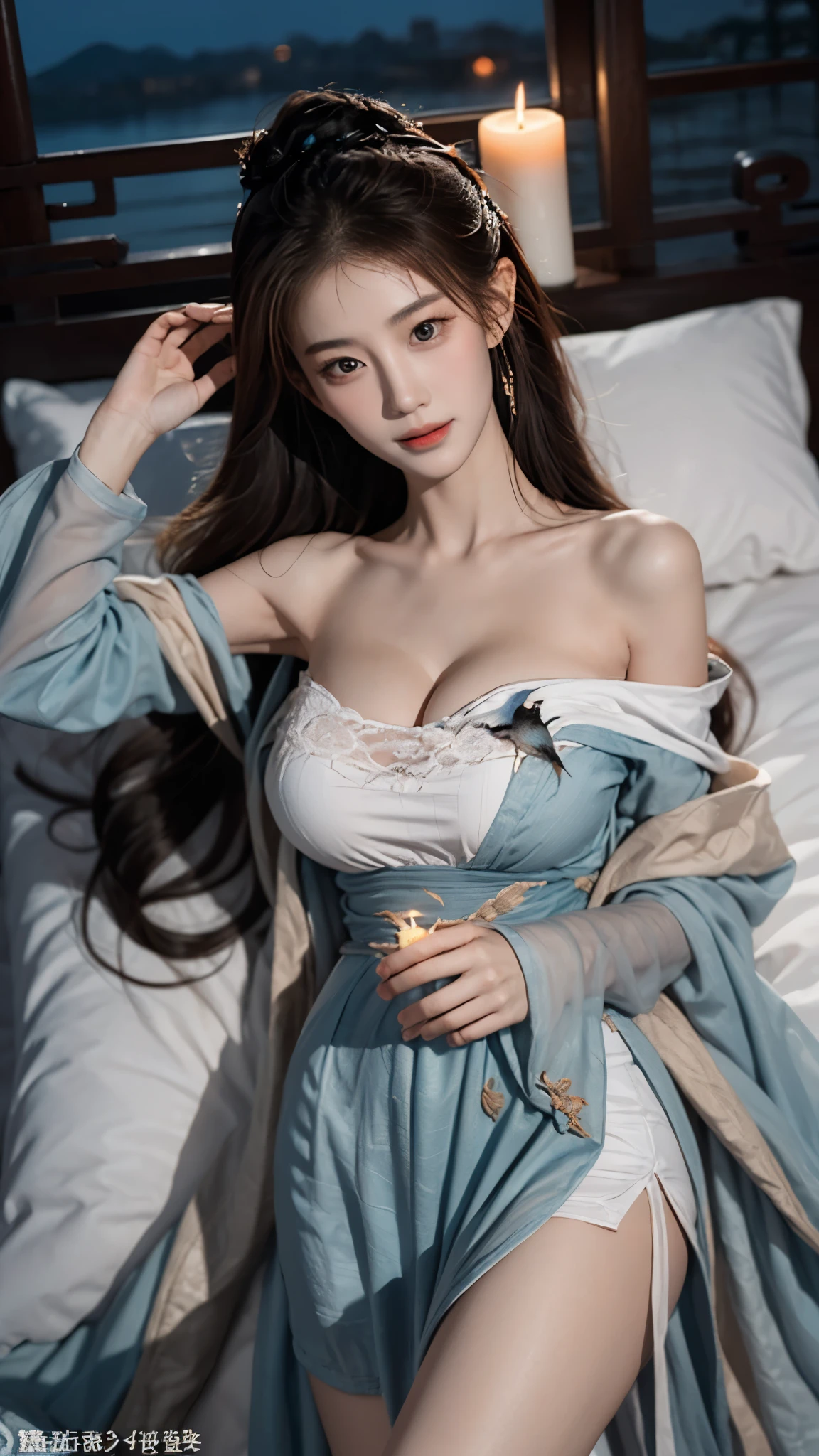 gufeng,bare shoulders, 1girl, Lying in bed, ((Bird&#39;s eye view shot)), ((cowboy shot)), Show off your exquisite figure and graceful curves, slim body, big breasts, cleavage, sexy legs, big eyes, elegant posture, long hair, brown hair, curls, big wave, night, candlelight, masterpiece, best quality, correct, 解剖学correct, official art, complex, detail的脸, detail, lifelike, Very detailed, official art