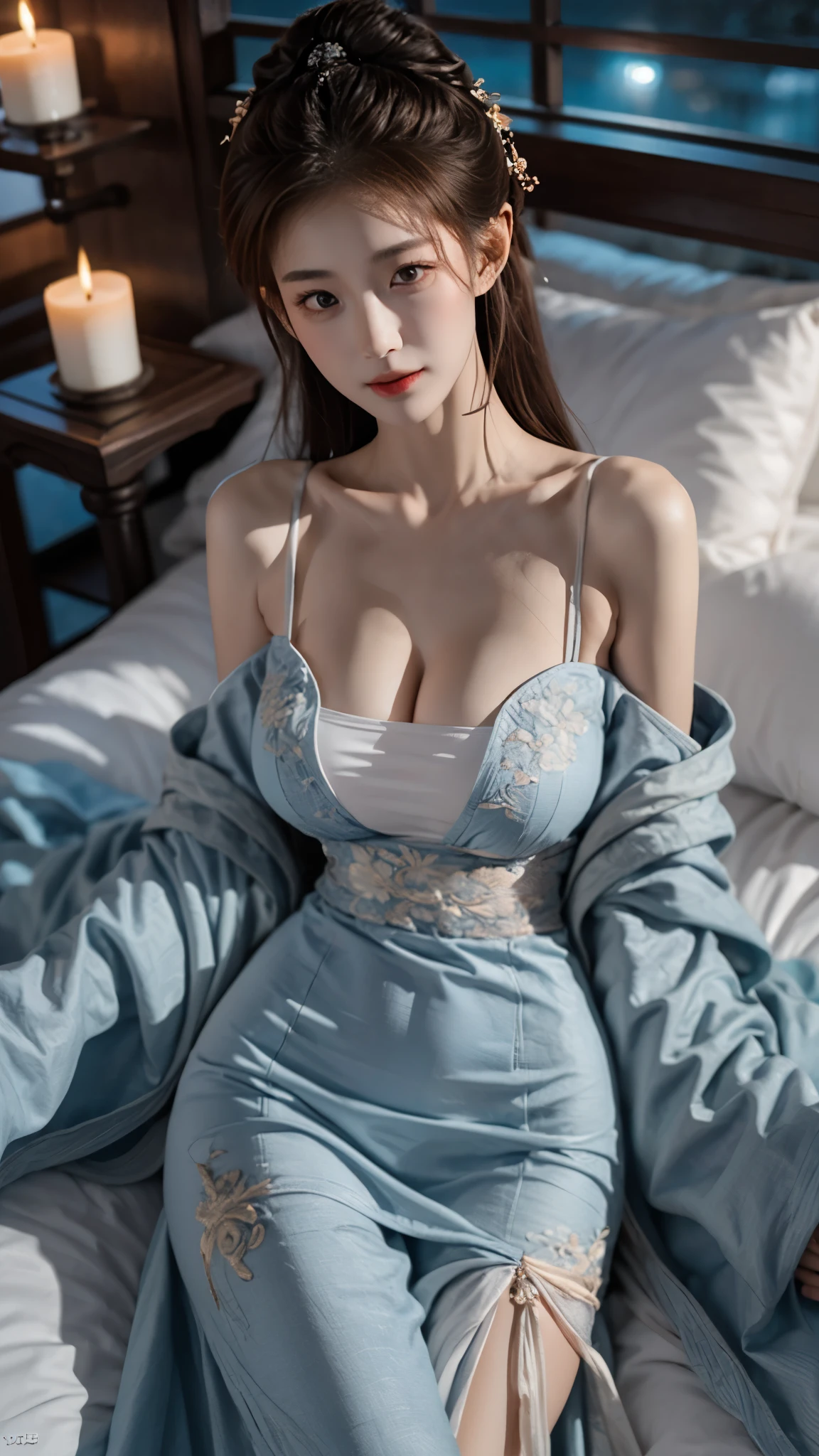 gufeng,bare shoulders, 1girl, Lying in bed, ((Bird's eye view shot)), ((cowboy shot)), Show off your exquisite figure and graceful curves, slim body, big breasts, cleavage, sexy legs, big eyes, elegant posture, long hair, brown hair, curls, big wave, night, candlelight, masterpiece, best quality, correct, 解剖学correct, official art, complex, detail的脸, detail, lifelike, Very detailed, official art