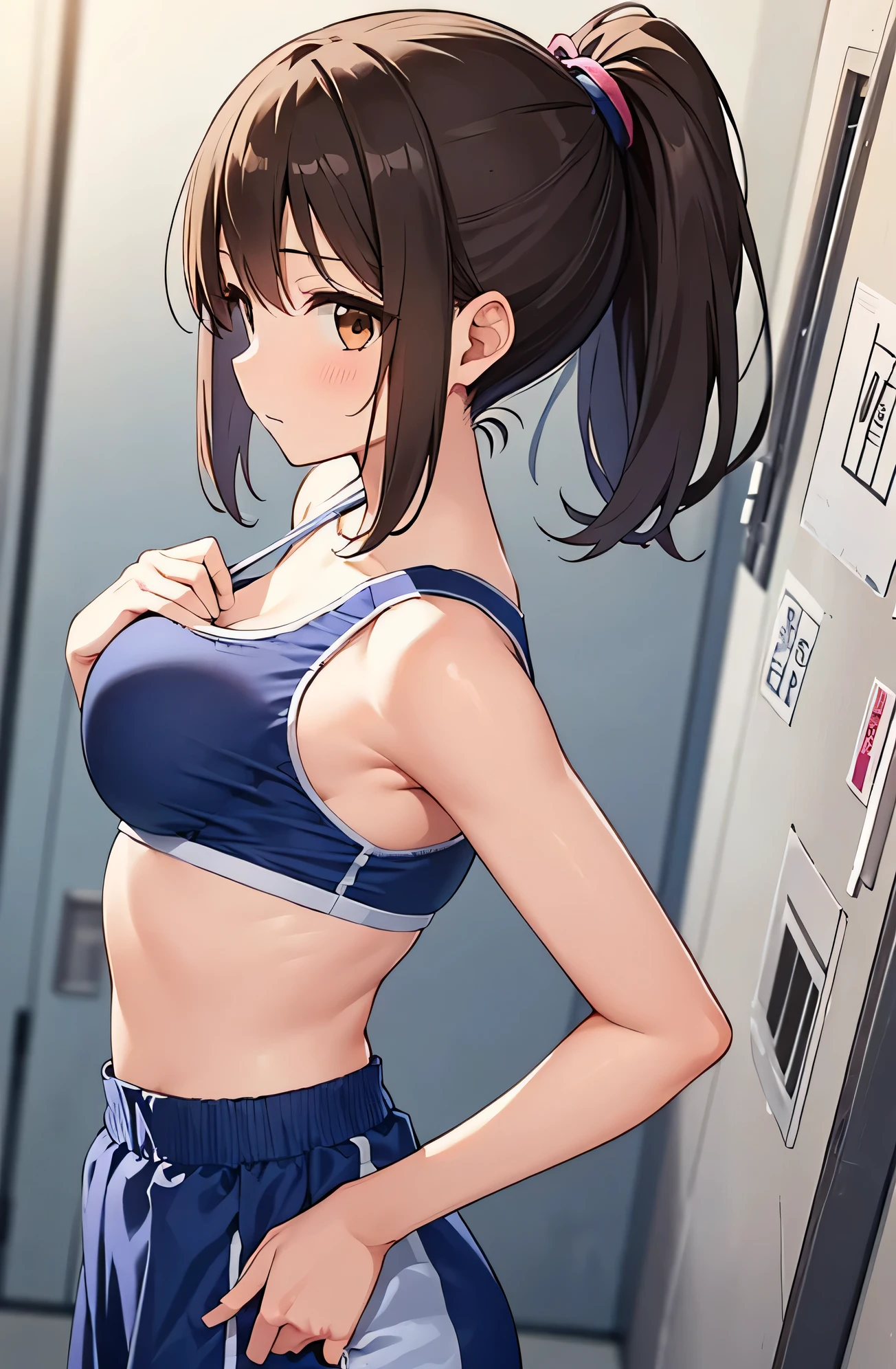 one girl、ponytail、brown hair、healthy、brown eyes,normal breasts(B cup)、cute face、cute anime illustration、Do your best in club activities、Athletics part、locker room、White and navy blue uniform、play sports often、Change of clothes、Voyeurism、Low - Angle、Don&#39;don&#39;t notice the camera