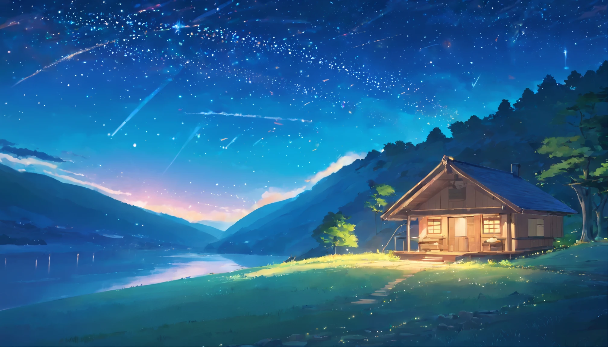 evening starry sky, A special story spun by sparkling meteors. There is a mountain hut on the hill、There are small river valleys around,There is a fawn、Fireflies appear,hyper hd