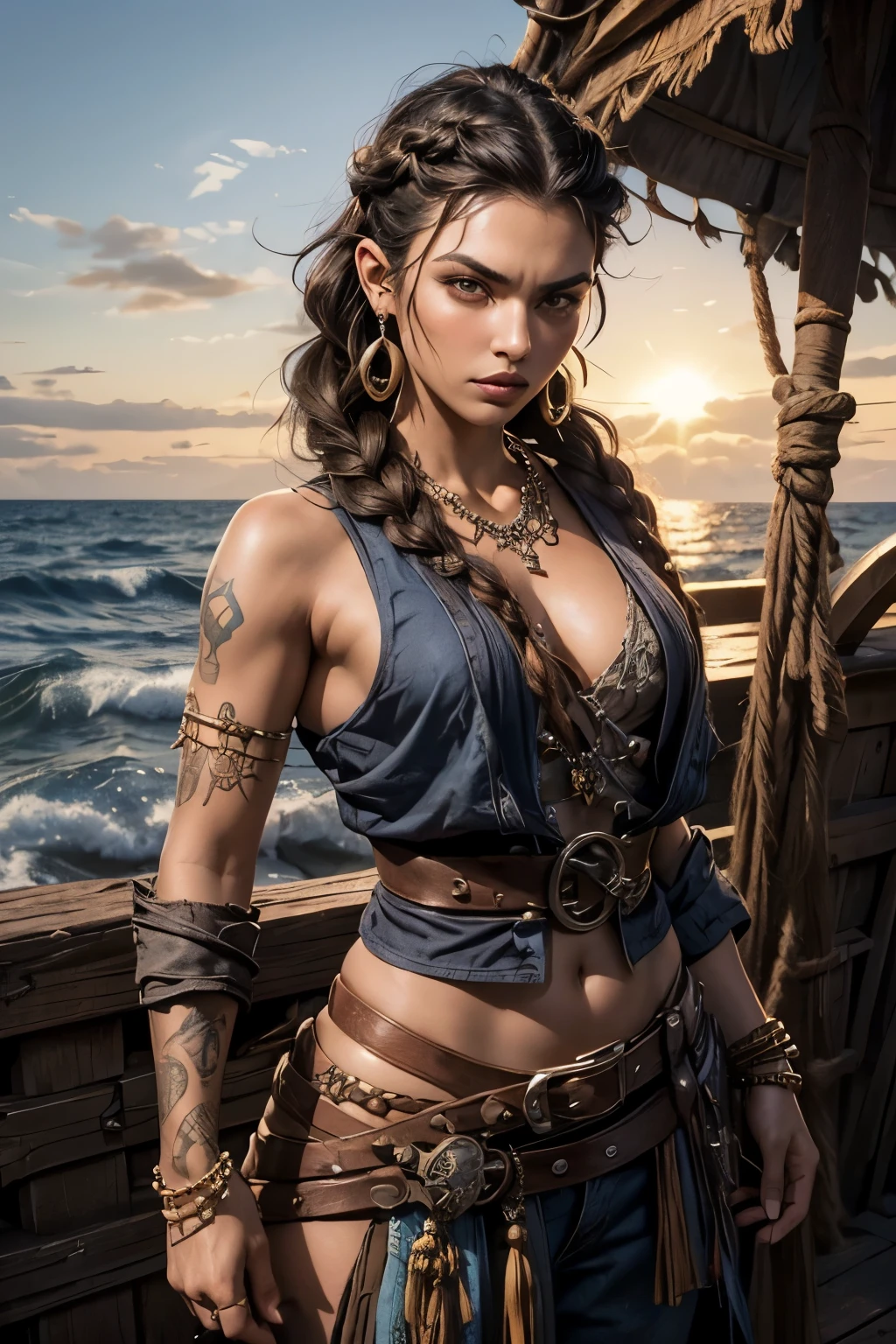 medieval, 26 years old woman, (ebony skin, sun tanned skin), paint on face, tattoo on face, tattoo on arms, (dark brown hair, french braid, braided hair, hair shaved on the sides, undercut, hair over shoulders), (brown eyes, thick eyebrows, angry), (privateer clothes, pirate dark blue clothes, pirate style, barbarian style), (sword in both hand, dual wielder), (bead bracelets, bead necklace, hoop earring, jewelry), rpg character, lord of the rings style, dungeons and dragons style, waist and head image, pirate ship background, sea brackground