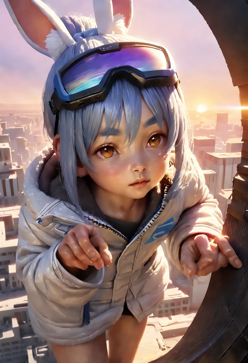 Second hand Pecola/(Holographic live broadcast/),(best quality:1.2,high resolution:1.2,masterpiece:1.2),Super detailed,(actual:1.37),(Japanese cartoons:1.1) Girl with big wavy ponytail, petite, Wearing a practical white coat, (delicate:0.9) Blue and purple gradient ski goggles, Cyberpunk elements, white hair, (casual, Nature:0.9) style, dynamic poses, (golden ratio:1.1), Large aperture portrait, (Cool colors:0.9) color, visual impact, (minimalist, simple:0.9) work, Contrast of light and shadow, Super tactile, the afterglow of the setting sun, (HD, crisp) image.