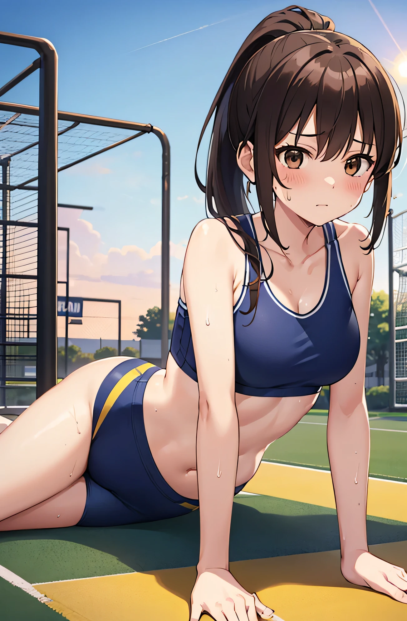 one girl、ponytail、brown hair、healthy、brown eyes,normal (B cup)、cute face、cute anime illustration、Do your best in club activities、Athletics part、playground、White and navy blue uniform、play sports often、sunset、(Sweat:1.1)、lie down on the mat、lower body stretch