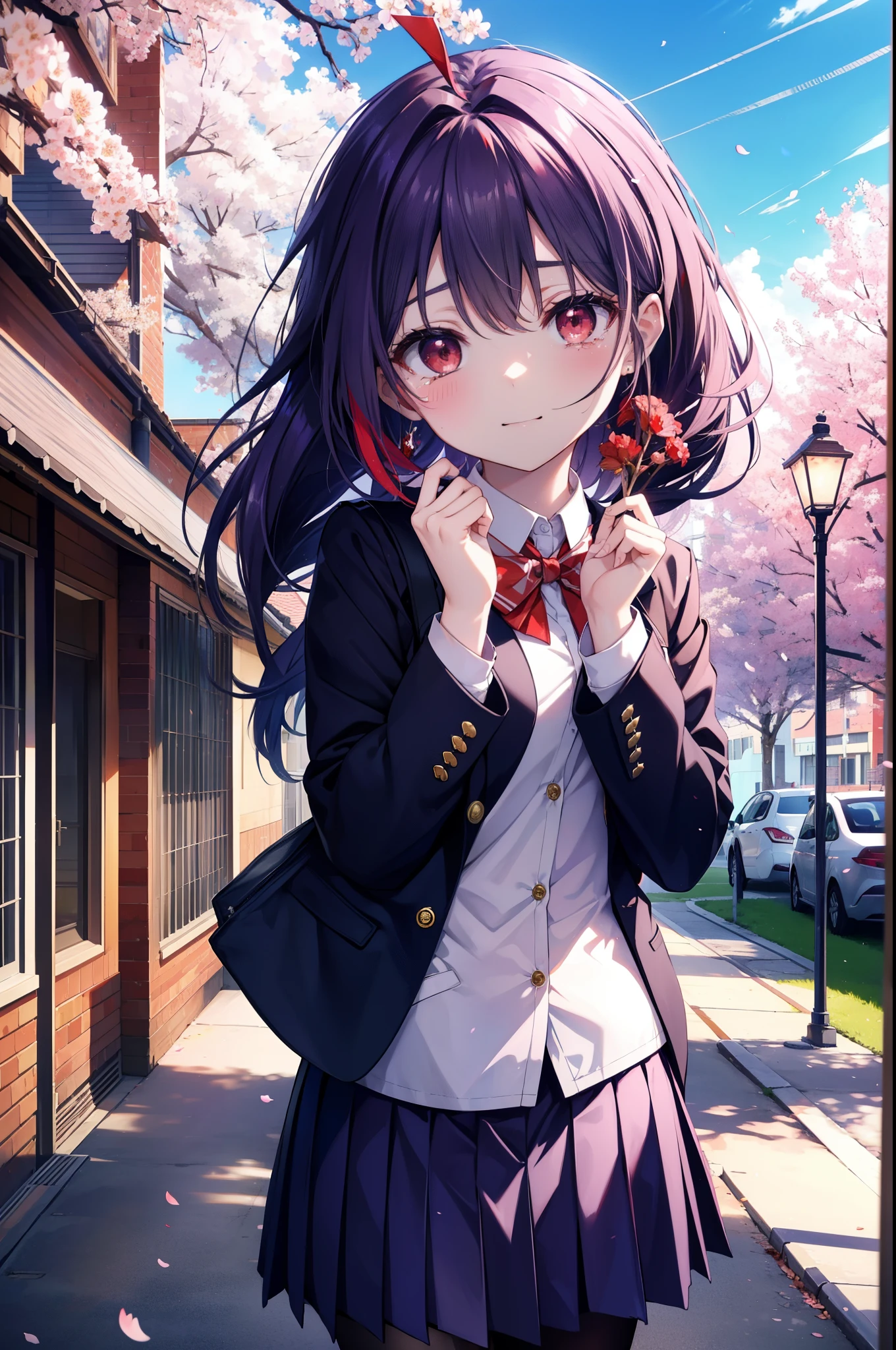 yuukikonno, Yuki Konno, hair band, long hair, pointed ears, purple hair, Ahoge,(red eyes:1.5), (small breasts:1.2), open your mouth,smile,blush,graduation ceremony,tilting the head,happy atmosphere,Big tears fall down her face,big tears of joy, break skirt, shirt, ribbon, school uniform, Jacket, 白色 shirt, 紫色 Jacket, pleated skirt, purple blazer, White pantyhose,brown loafers,school building,Cherry blossoms are scattered,Cherry blossom tree-lined path,school uniformを着た生徒の群衆,ピンク色の景色
break looking at viewer, Upper body, whole body,
break outdoors, School,school building,
break (masterpiece:1.2), highest quality, High resolution, unity 8k wallpaper, (figure:0.8), (detailed and beautiful eyes:1.6), highly detailed face, perfect lighting, Very detailed CG, (perfect hands, perfect anatomy),