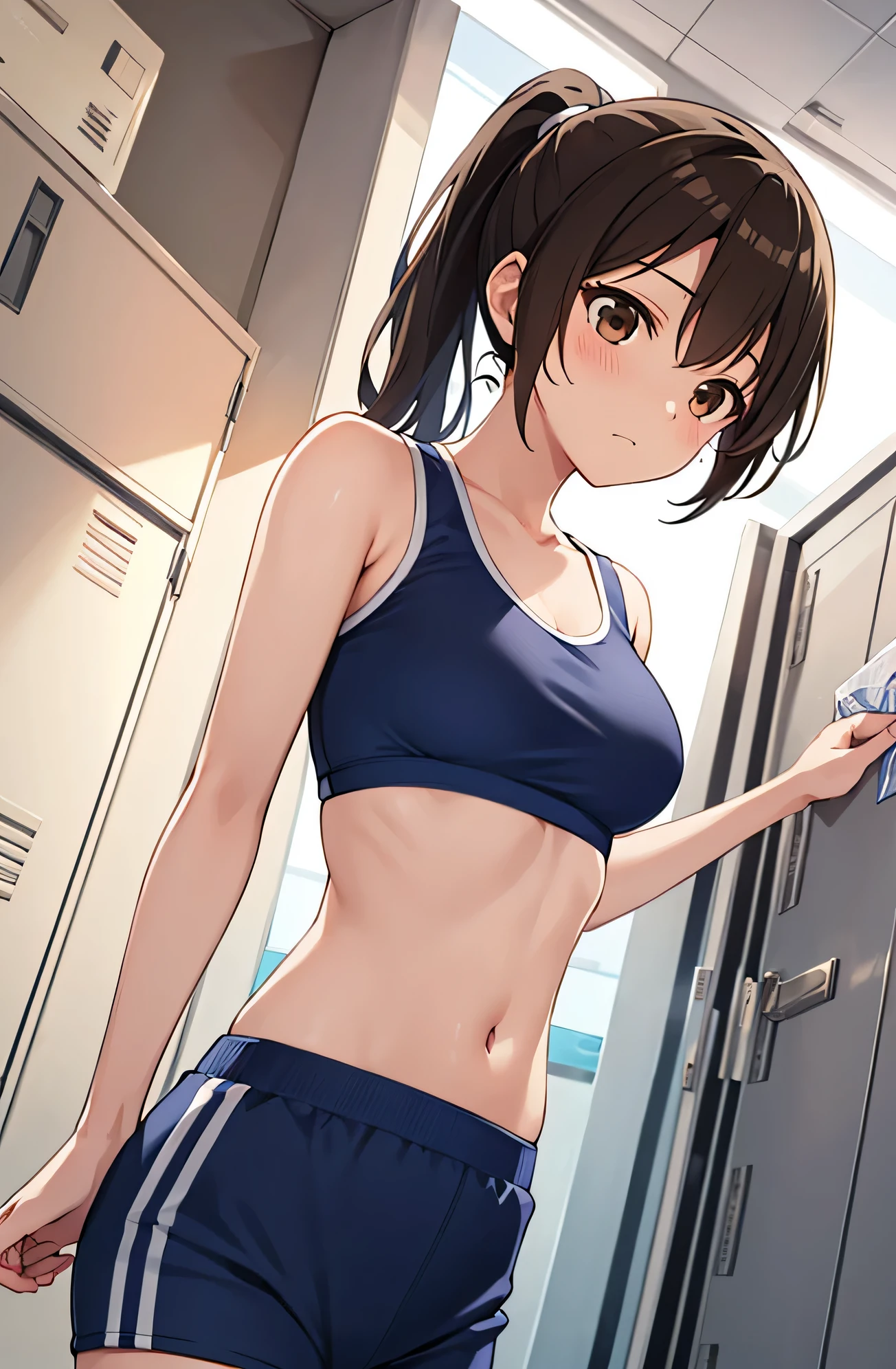 one girl、ponytail、brown hair、healthy、brown eyes,normal breasts(B cup)、cute face、cute anime illustration、Do your best in club activities、Athletics part、locker room、White and navy blue uniform、play sports often、Change of clothes、Voyeurism、Low - Angle、Don'don't notice the camera