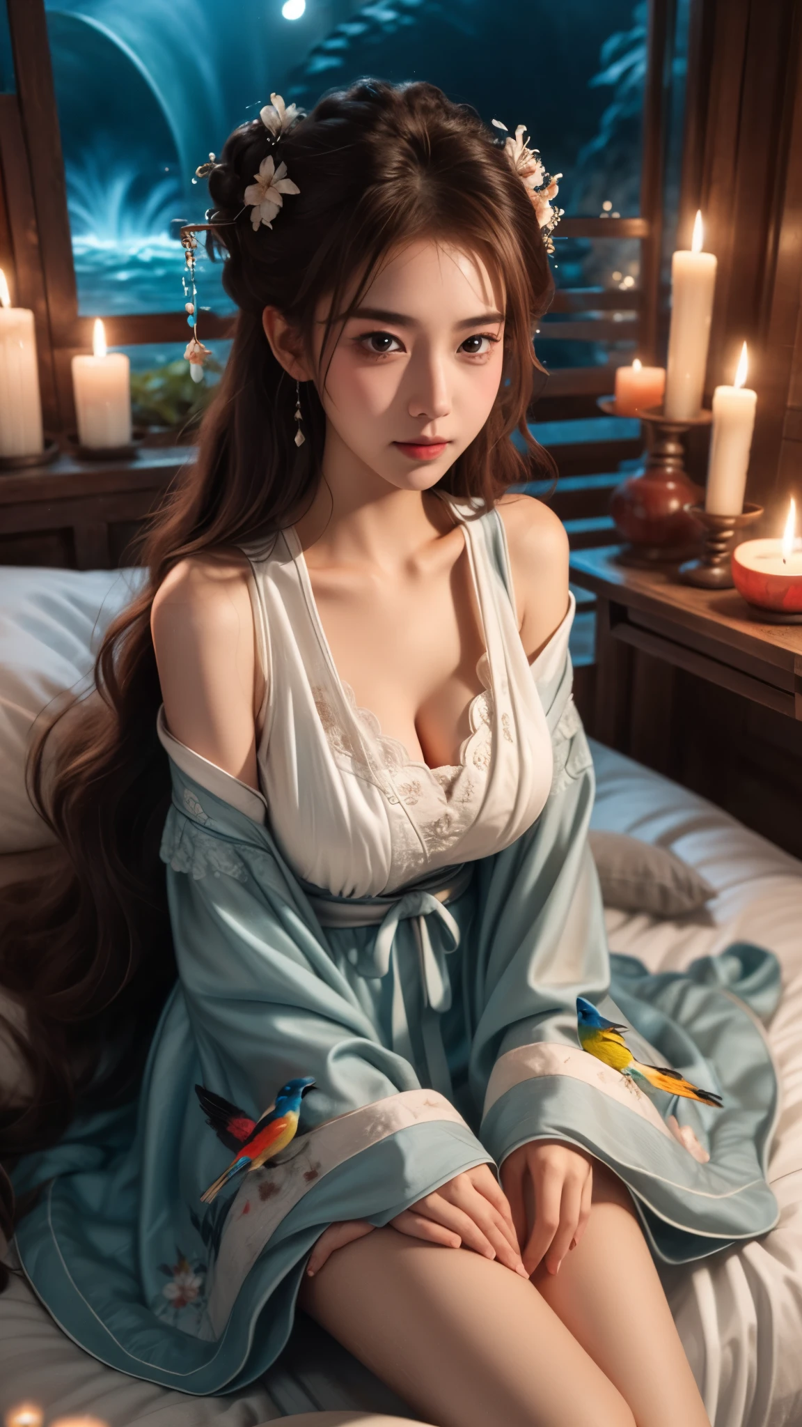 1girl, Lying in bed, ((Bird&#39;s eye view shot)), ((cowboy shot)), Show off your exquisite figure and graceful curves, slim body, big breasts, cleavage, sexy legs, big eyes, elegant posture, long hair, brown hair, curls, big wave, night, candlelight, masterpiece, best quality, correct, 解剖学correct, official art, complex, detail的脸, detail, lifelike, Very detailed, official art