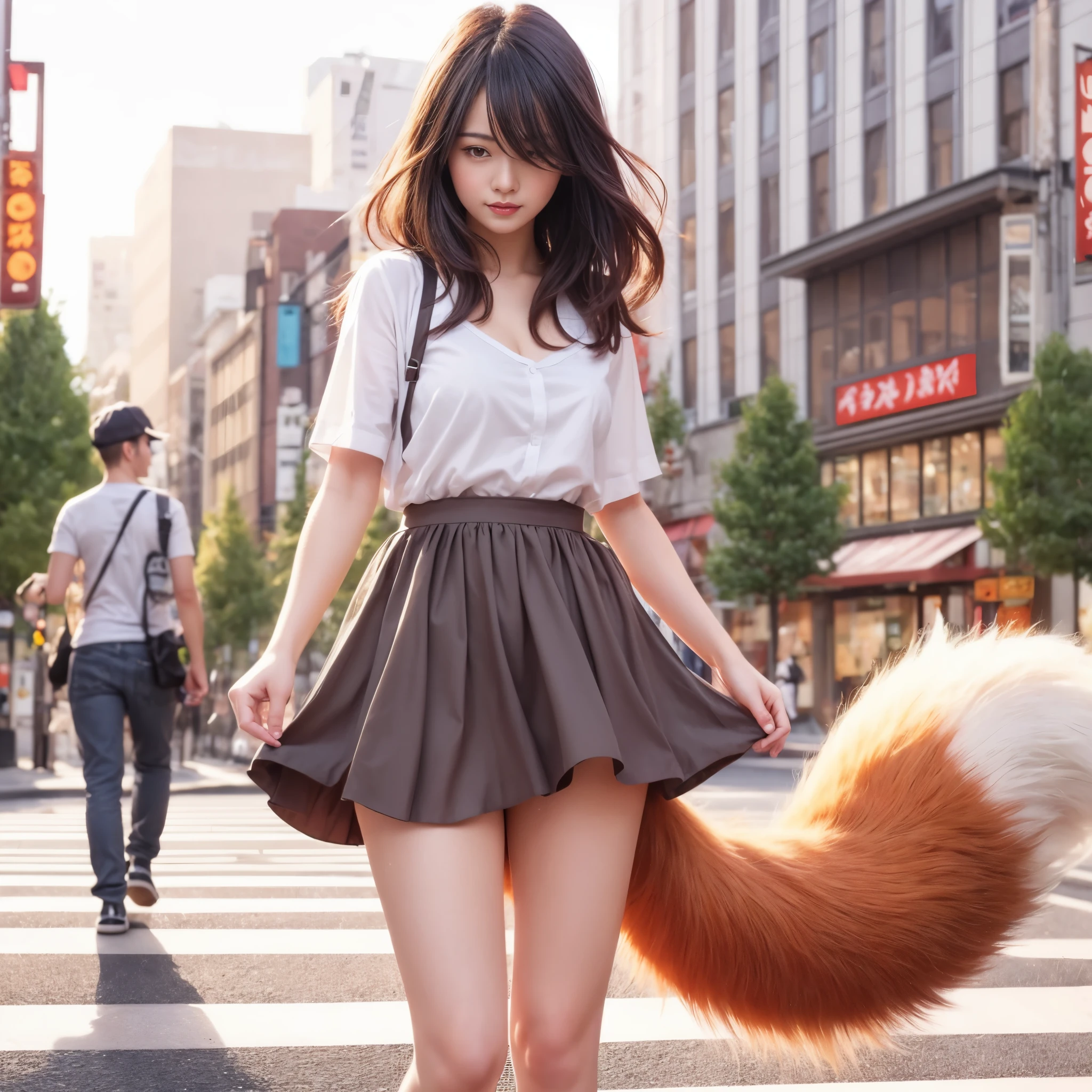 A girl wearing a skirt with a fox tail, Furry tail, fluffy tail, female furry mini cute style, Fox tail, thick fluffy tail, tail, tailed, a hyperrealistic schoolgirl, imagem hiperrealista, long elegant tail behind, White panties, a picture, top-quality, troubled look, small tits, red blush, tokyo streets, The tail is sticking out from inside the skirt