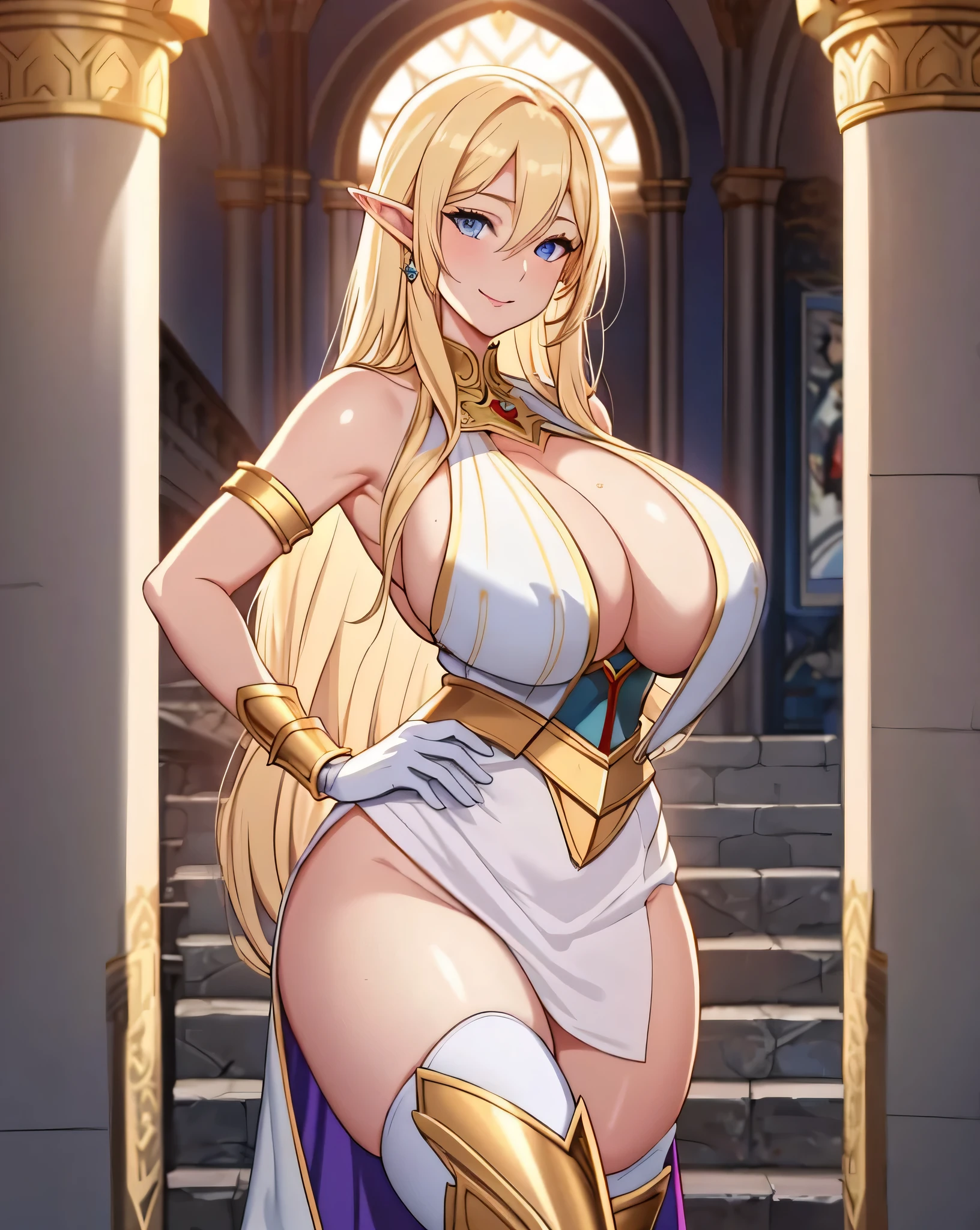 Lian, long blonde hair, long elf ears, hair stick, bangs, blue eyes, solo, smiling, standing, upper body, hips, bare shoulders,purple thighhighs, white dress, gold jewelry,armor,gloves,circlet, cleavage, red and gold royal castle, gigantic breasts, (best quality, masterpiece, beautiful and aesthetic:1.2, highest detailed face, perfect face,)  eyes, perfect face,expressive eyes,
looking at viewer, in the center of the image,(Upper_body),(Focus on her face),
official art,extremely detailed CG unity 8k wallpaper, perfect lighting,Colorful, Bright_Front_face_Lighting,shiny skin, 
(masterpiece:1.0),(best_quality:1.0), ultra high res,4K,ultra-detailed
