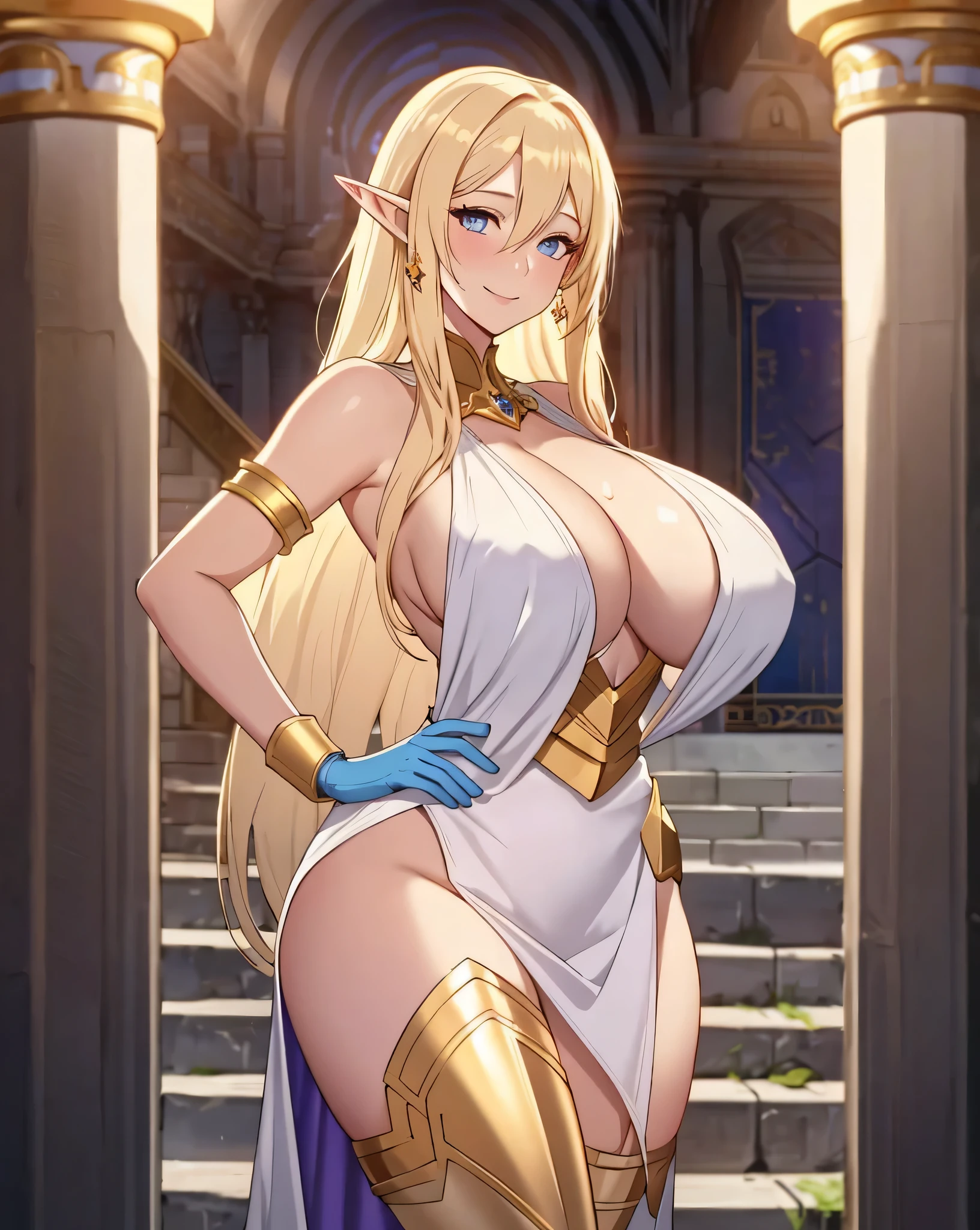 Lian, long blonde hair, long elf ears, hair stick, bangs, blue eyes, solo, smiling, standing, upper body, hips, bare shoulders,purple thighhighs, white dress, gold jewelry,armor,gloves,circlet, cleavage, red and gold royal castle, gigantic breasts, (best quality, masterpiece, beautiful and aesthetic:1.2, highest detailed face, perfect face,)  eyes, perfect face,expressive eyes,
looking at viewer, in the center of the image,(Upper_body),(Focus on her face),
official art,extremely detailed CG unity 8k wallpaper, perfect lighting,Colorful, Bright_Front_face_Lighting,shiny skin, 
(masterpiece:1.0),(best_quality:1.0), ultra high res,4K,ultra-detailed
