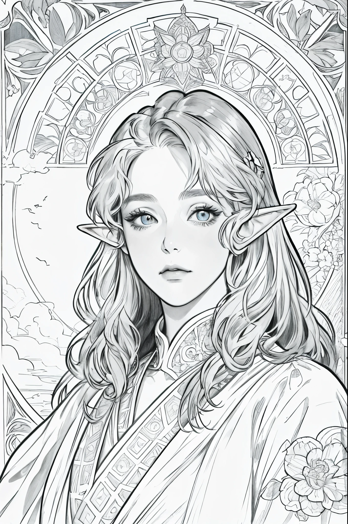 tarot cards, 1 elf girl,Portrait of the face of a European elf,shapeless long hair, shiny skin, detailed face, wearing a patterned robe, Sumeru,cloud, moon,((tarot cardsのレイアウト)),highest quality, masterpiece, (realistic:0.6), realistic lighting,flower frame, decorative panel, abstract artistic, (Alphonse Mucha) (master piece, best quality, 8k, very detailed, intricate details, 4k,Cerulean, line drawing, fibonacci.