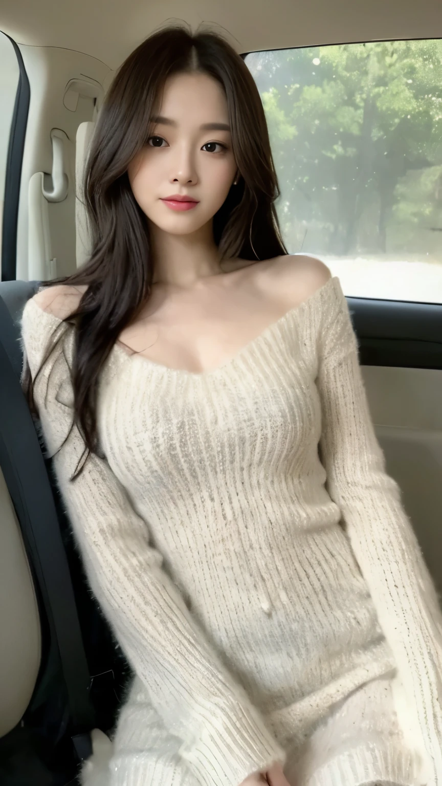 ((top-quality、8k、​masterpiece:1.3))、Beautiful woman with perfect body:1.4、slim abdomen:1.2、Longhair, normal breast, Highly detailed facial and skin texture, A detailed eye, delicate eyes, double eyelid, (smile), (full body shot), ((in the car 1.1)), (sitting in the car), ((wearing white sweater suit dress)), looking in front