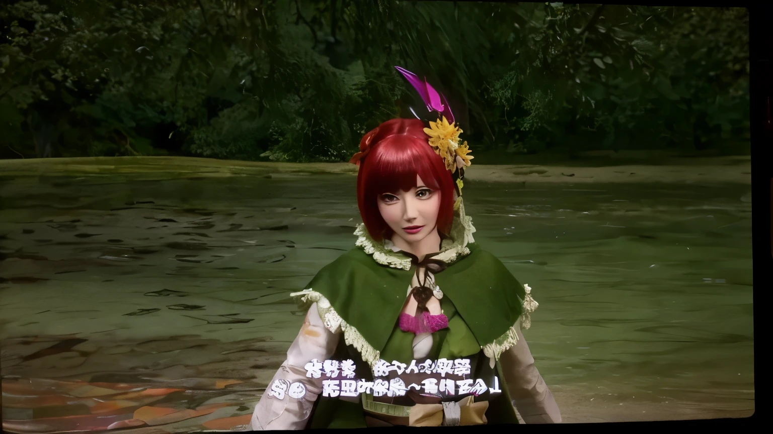A red-haired girl with short hair and green eyes big breast looking at viewer