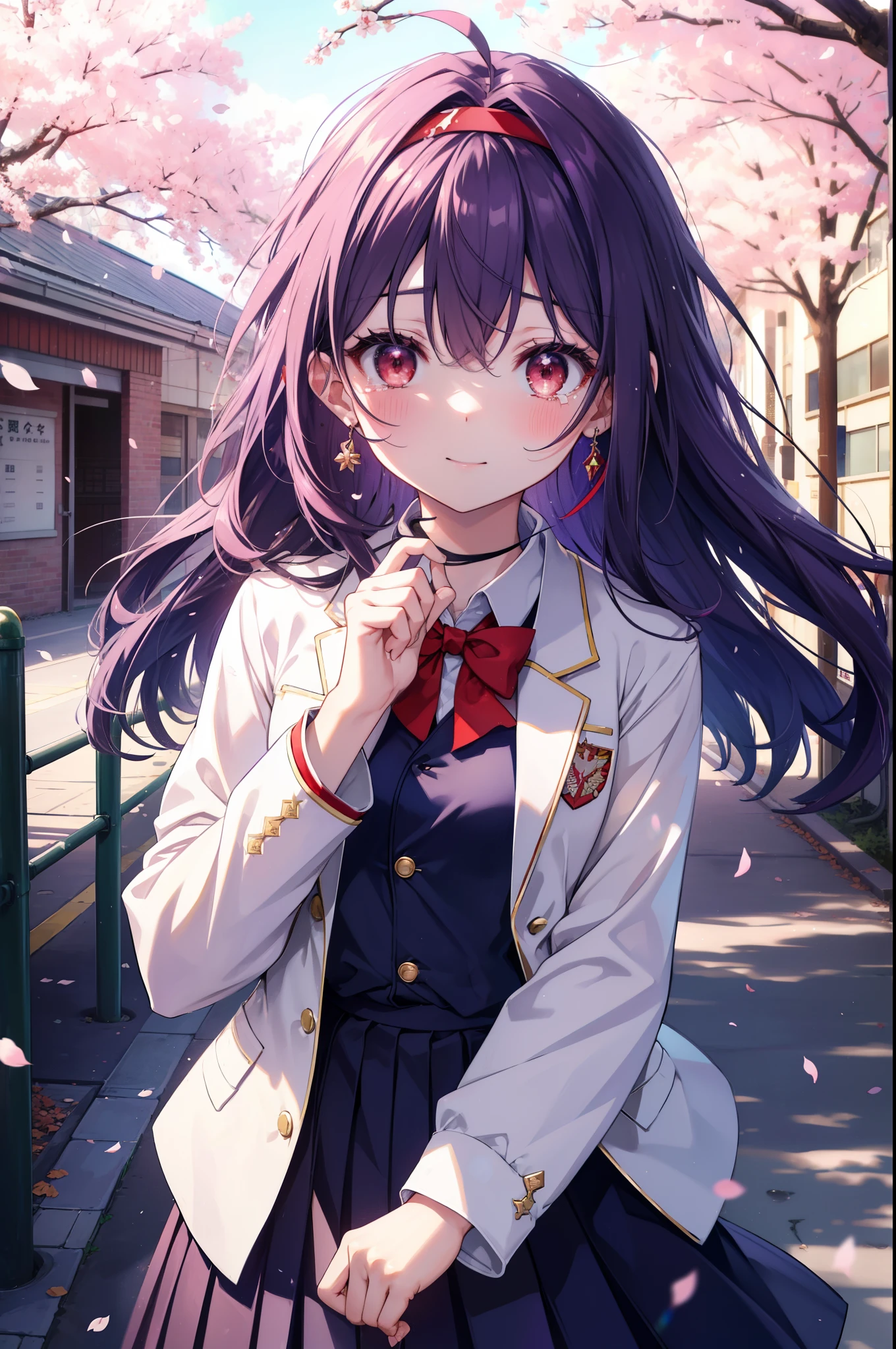 yuukikonno, Yuki Konno, hair band, long hair, pointed ears, purple hair, Ahoge,(red eyes:1.5), (small breasts:1.2), open your mouth,smile,blush,graduation ceremony,tilting the head,happy atmosphere,Big tears fall down her face,big tears of joy, break skirt, shirt, ribbon, school uniform, Jacket, 白色 shirt, 紫色 Jacket, pleated skirt, purple blazer, White pantyhose,brown loafers,school building,Cherry blossoms are scattered,Cherry blossom tree-lined path,school uniformを着た生徒の群衆,ピンク色の景色
break looking at viewer, Upper body, whole body,
break outdoors, School,school building,
break (masterpiece:1.2), highest quality, High resolution, unity 8k wallpaper, (figure:0.8), (detailed and beautiful eyes:1.6), highly detailed face, perfect lighting, Very detailed CG, (perfect hands, perfect anatomy),