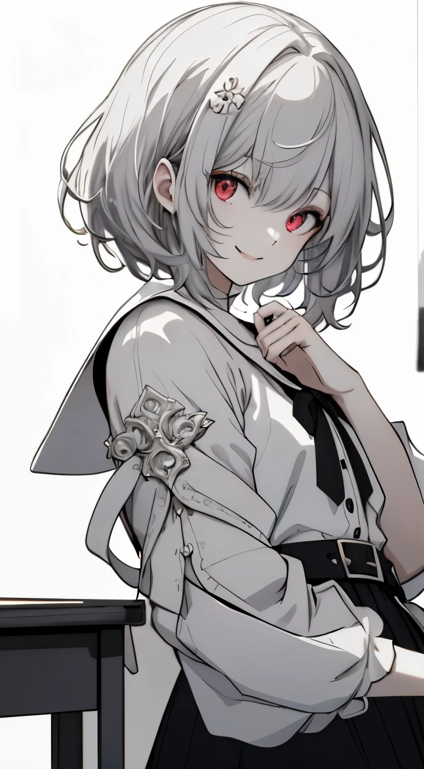 whole body, a girl,white one,(on the table:1.2, best quality), (Exquisite and beautiful eyes: 1.2), (Beautiful and delicate face), high contrast, (best Lighting, extremely delicate and beautiful), ((Light)), dramatic Light, intricate details,red eyes, , Belt tied under chest, white sailor suit, white skirt,Light gray hair, (Light white background:1.5), short hair, precise hands, look at me and smile, rosy skin, middle school,