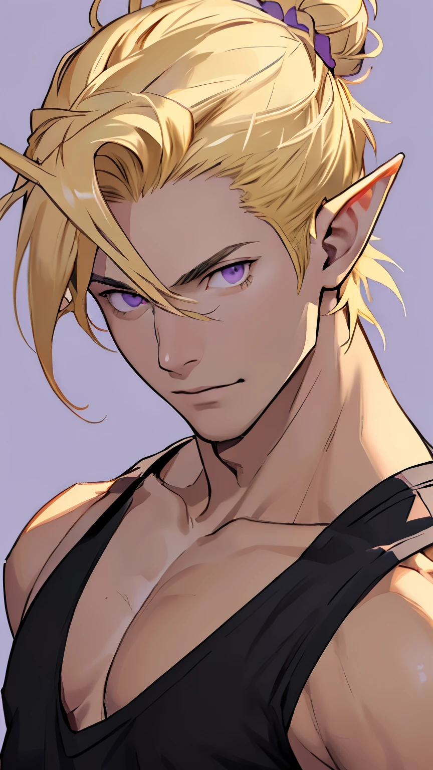 (masterpiece), best quality, high quality, 1 boy, beautiful face, handsome, sunlight, elf ears, pointy ears, handsome, blonde hair, bun hairstyle, purple eyes, black tank top, upper body, house background, looking straight, purple eyes,