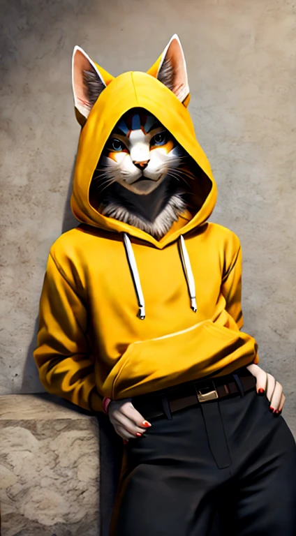 anthropomorphic golden-furred cat, wearing a yellow hooded hoodie, facing the front and talking,