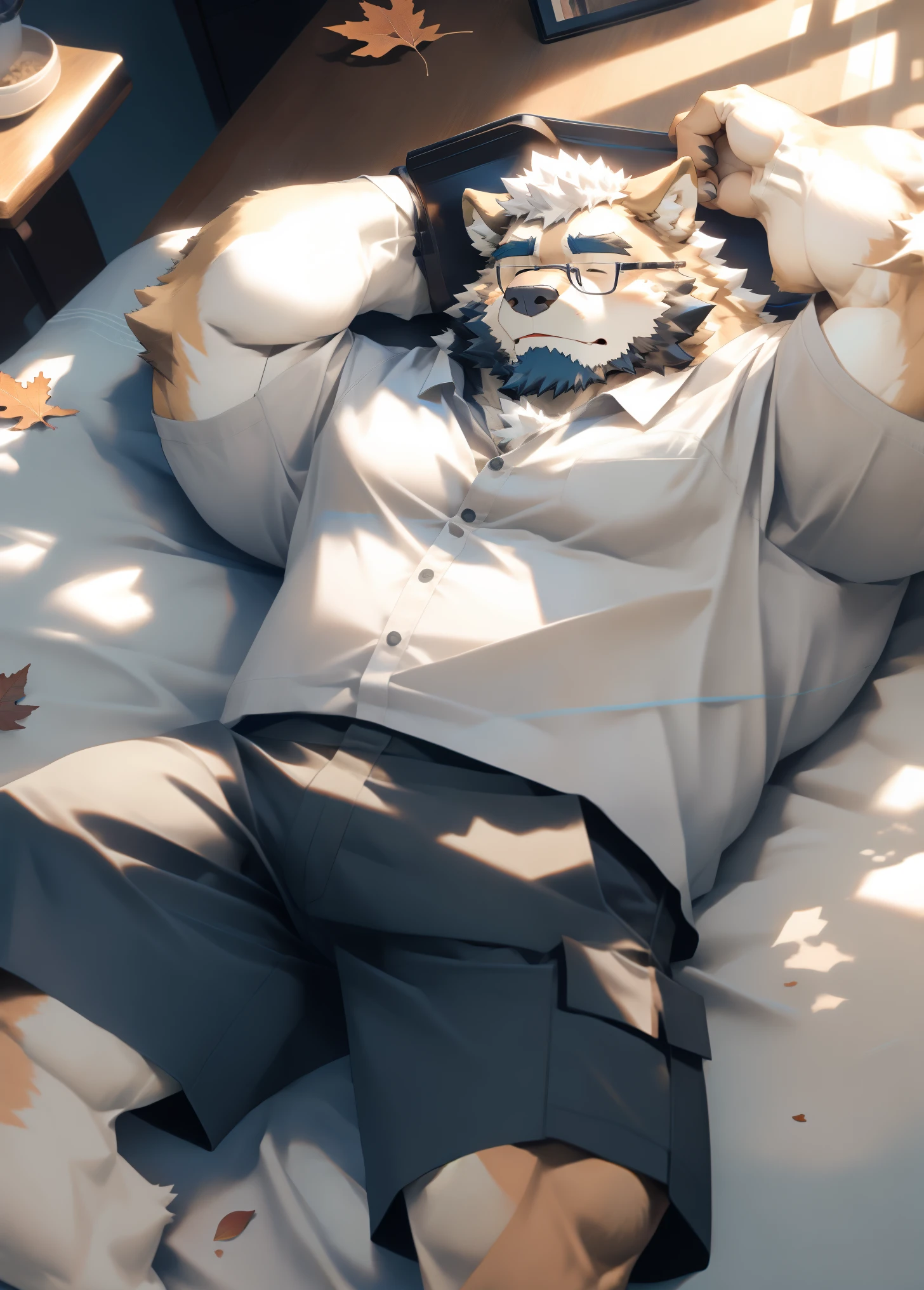 hairy，（Wolf，Black-rimmed glasses，white shirt，long sleeves，roll sleeves，shorts），beard，white fur，male，Common，full-body shot， dynamic poses，There are fallen leaves，Sunlight，in the bedroom，bed，lying down，Close eyes，Asleep，Detailed background，极其lifelike阴影，masterpiece，Very detailed，lifelike