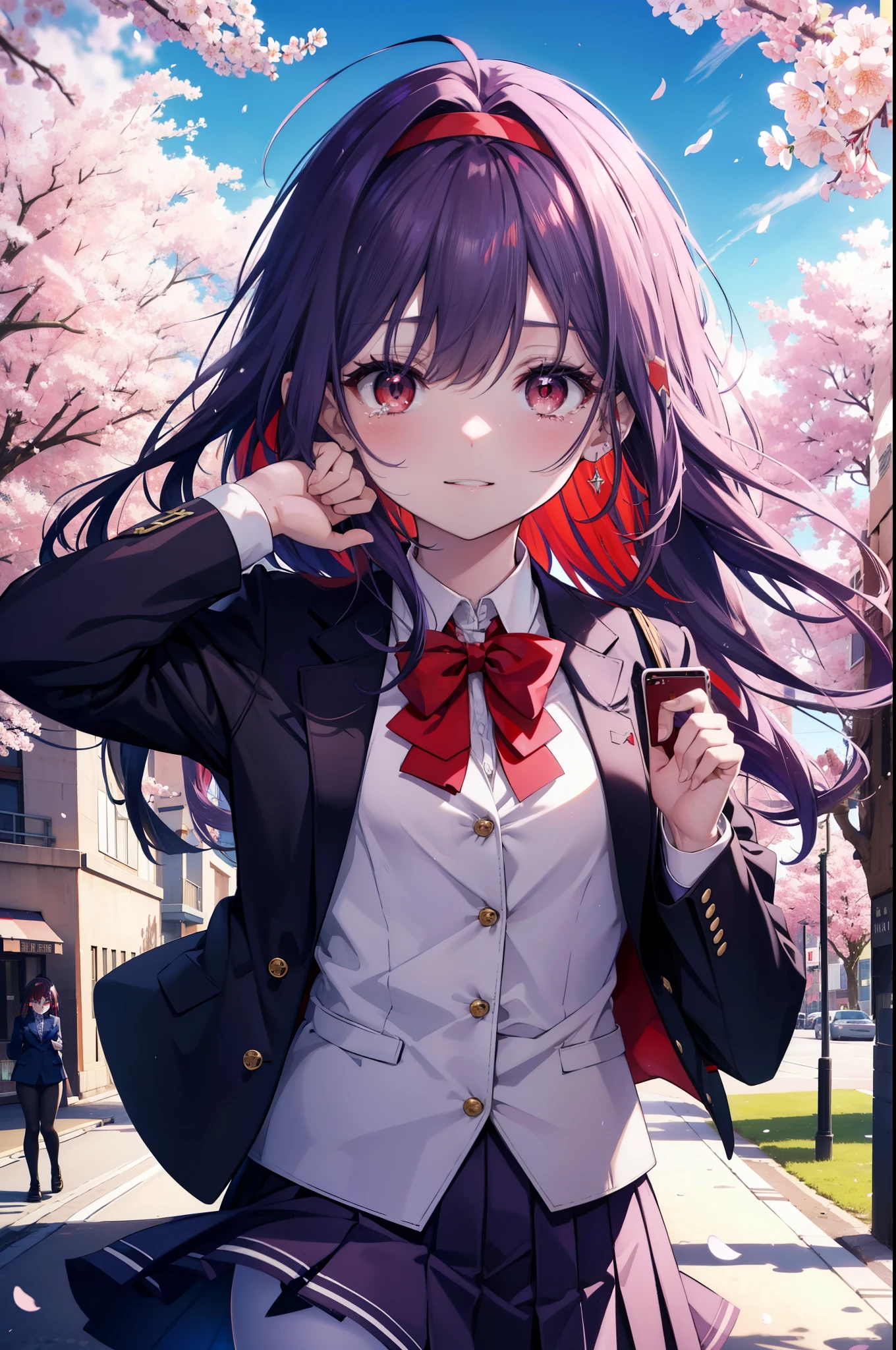 yuukikonno, Yuki Konno, hair band, long hair, pointed ears, purple hair, Ahoge,(red eyes:1.5), (small breasts:1.2), open your mouth,smile,blush,graduation ceremony,tilting the head,happy atmosphere,Big tears fall down her face,big tears of joy, break skirt, shirt, ribbon, school uniform, Jacket, 白色 shirt, 紫色 Jacket, pleated skirt, purple blazer, White pantyhose,brown loafers,school building,Cherry blossoms are scattered,Cherry blossom tree-lined path,school uniformを着た生徒の群衆,ピンク色の景色
break looking at viewer, Upper body, whole body,
break outdoors, School,school building,
break (masterpiece:1.2), highest quality, High resolution, unity 8k wallpaper, (figure:0.8), (detailed and beautiful eyes:1.6), highly detailed face, perfect lighting, Very detailed CG, (perfect hands, perfect anatomy),