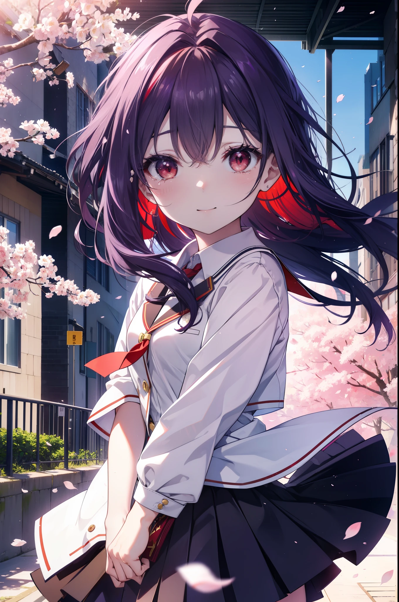 yuukikonno, Yuki Konno, hair band, long hair, pointed ears, purple hair, Ahoge,(red eyes:1.5), (small breasts:1.2), open your mouth,smile,blush,graduation ceremony,tilting the head,happy atmosphere,Big tears fall down her face,big tears of joy, break skirt, shirt, ribbon, school uniform, Jacket, 白色 shirt, 紫色 Jacket, pleated skirt, purple blazer, White pantyhose,brown loafers,school building,Cherry blossoms are scattered,Cherry blossom tree-lined path,school uniformを着た生徒の群衆,ピンク色の景色
break looking at viewer, Upper body, whole body,
break outdoors, School,school building,
break (masterpiece:1.2), highest quality, High resolution, unity 8k wallpaper, (figure:0.8), (detailed and beautiful eyes:1.6), highly detailed face, perfect lighting, Very detailed CG, (perfect hands, perfect anatomy),