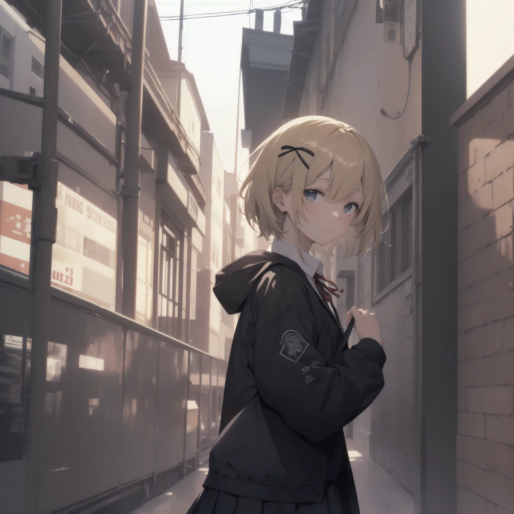 Super absurd quality by the god of art, super detailed, High resolution, anime moe art style, Best Anime 8K Kona-chan Wallpaper, pixiv contest winner, perfect anatomy, break,(眠そうにalone学校へ行く女の子を描いてください. )break,1 girl, (alone, woman, baby fears old:1., full finger,, The charm of an immature body, (very short hair), bangs, flat chest, Small Bodysuits, small ass, between legs, small black eyes, detailed and beautiful eyes, Well-proportioned iris and pupils, expressive eyes, sleepy eyes, High resolutionの詳細な髪, hair grip, neck ribbon, skirt, collared shirt, pleated skirt, school uniform, school bag,(detailed lighting), (detailed background), On the way to school. break,super dense skin, Best movie lighting by famous artists, 8k,cute illustration,photoshop_(Moderate),Absurd Hi-Res,Hmm,rough skin