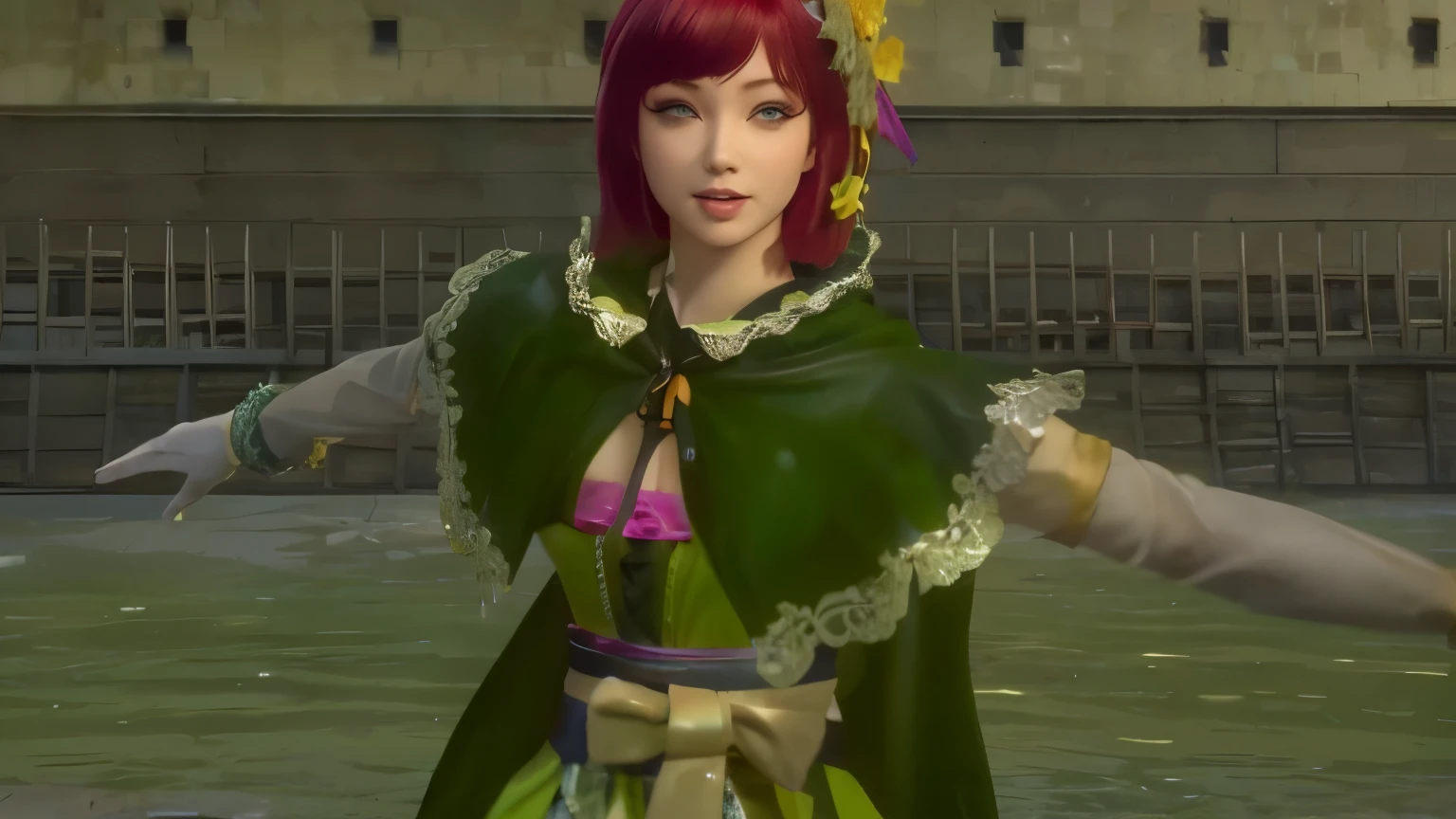 A red-haired girl with short hair and green eyes  big breast looking at viewer