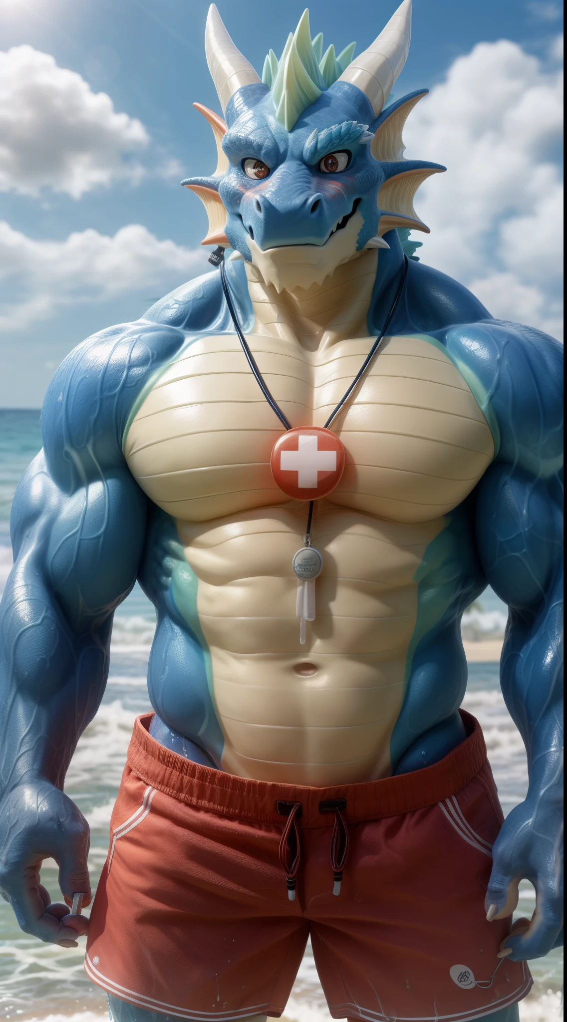 male, anthro, muscle, kemono, dragon, solo, blue body, water, whistle, lifeguard, shorts, beach, detailed eyes, front view
