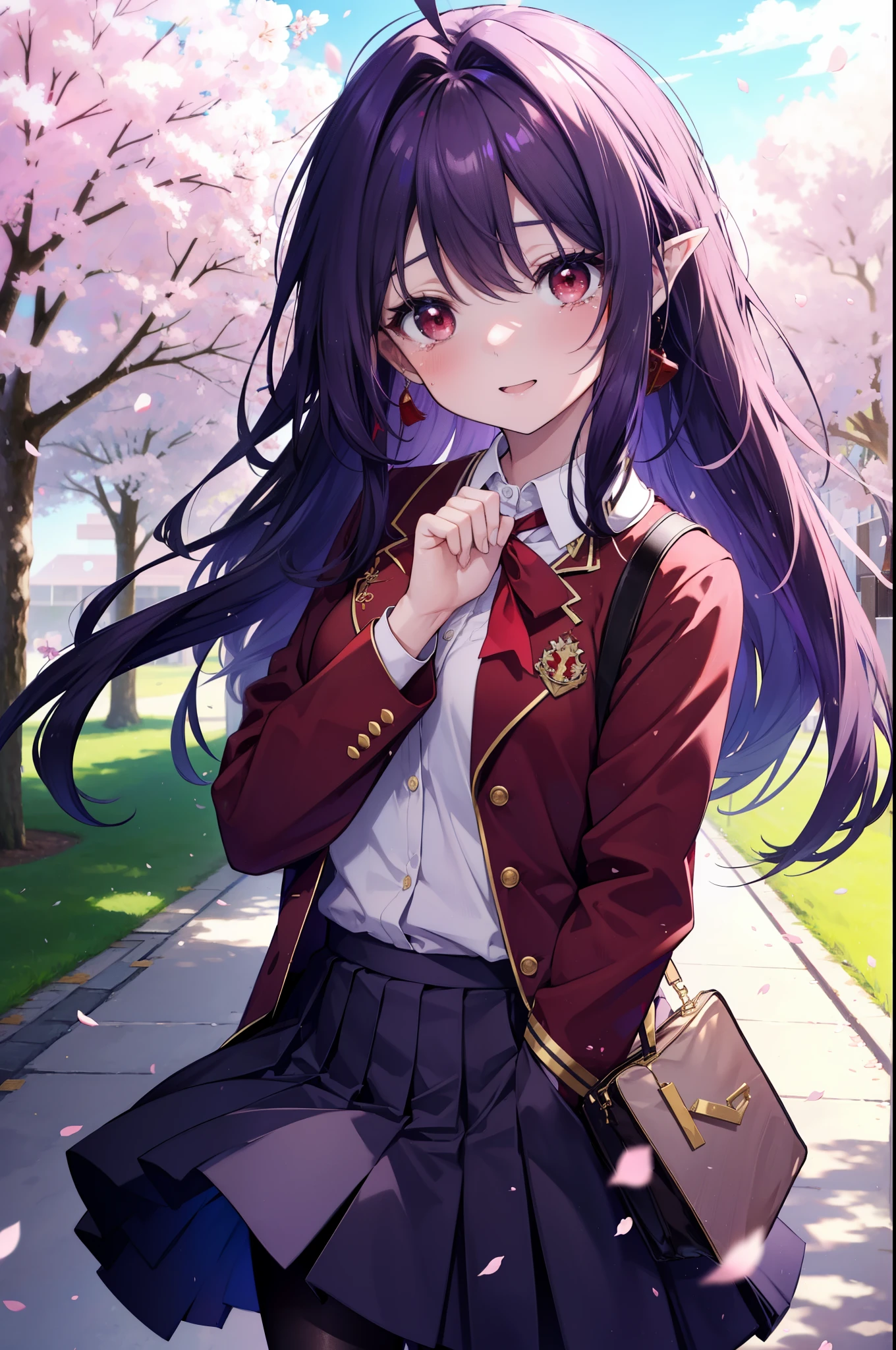 yuukikonno, Yuki Konno, hair band, long hair, pointed ears, purple hair, Ahoge,(red eyes:1.5), (small breasts:1.2), open your mouth,smile,blush,graduation ceremony,tilting the head,happy atmosphere,Big tears fall down her face,big tears of joy, break skirt, shirt, ribbon, school uniform, Jacket, 白色 shirt, 紫色 Jacket,  pleated skirt, purple blazer, White pantyhose,brown loafers,school building,Cherry blossoms are scattered,Cherry blossom tree-lined path,school uniformを着た生徒の群衆,ピンク色の景色
break looking at viewer, Upper body, whole body,
break outdoors, School,school building,
break (masterpiece:1.2), highest quality, High resolution, unity 8k wallpaper, (figure:0.8), (detailed and beautiful eyes:1.6), highly detailed face, perfect lighting, Very detailed CG, (perfect hands, perfect anatomy),