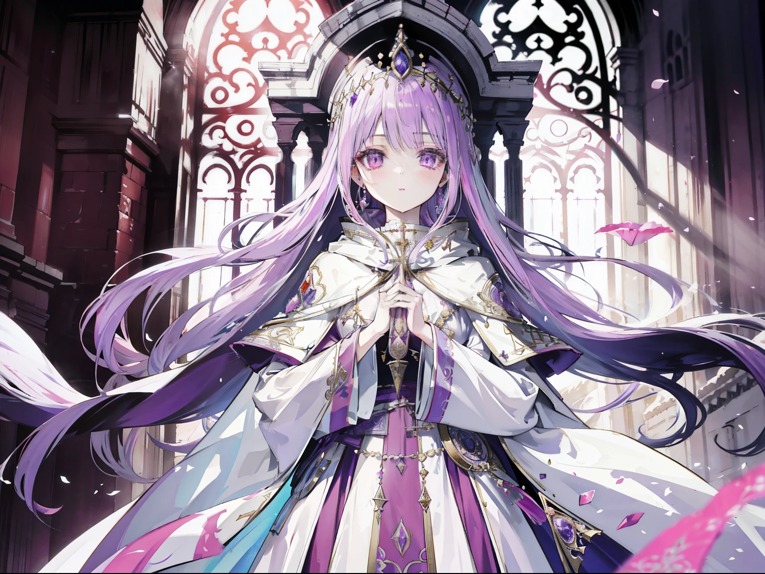 "grand sanctuary atmosphere, Stunning 4K artwork featuring a beautiful girl with lavender hair. deep pink eyes. She wore a white priestess&#39;s cloak in the sanctuary"
