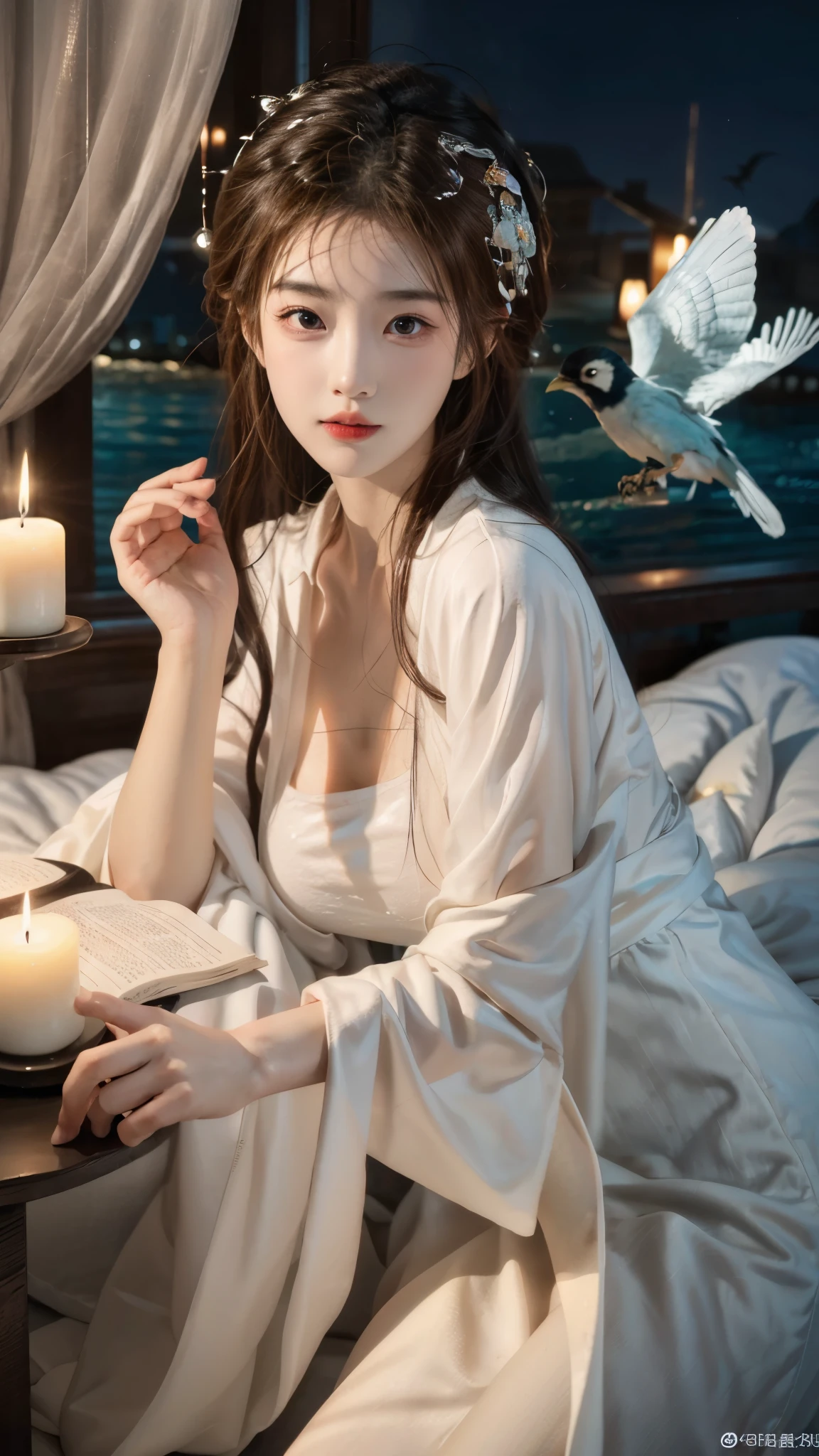 1girl, Lying in bed, ((Bird's eye view shot)), ((cowboy shot)), Show off your exquisite figure and graceful curves, slim body, big breasts, cleavage, sexy legs, big eyes, elegant posture, long hair, brown hair, curls, big wave, night, candlelight, masterpiece, best quality, correct, 解剖学correct, official art, complex, detail的脸, detail, lifelike, Very detailed, official art