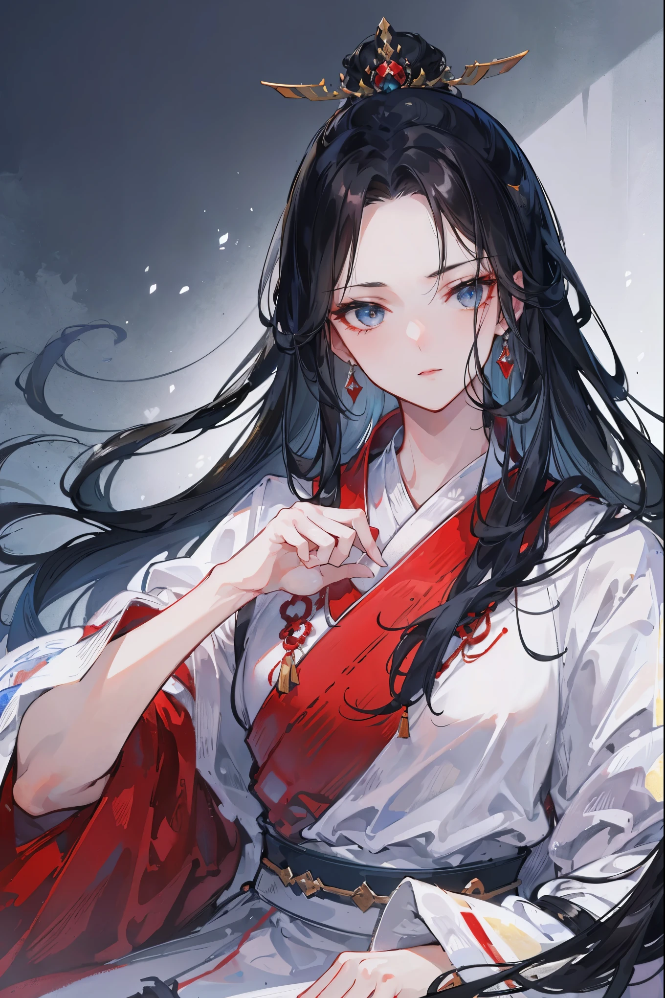 (extremely detailed 8K wallpaper),(ultra-detailed),(best quality),(masterpiece),(highly detailed),(cinematic lighting),(Original),Cold ligh,moody,((Color ink)),32K depth of field,1girl,((The image of the beautiful young emperor)),((Immortal)),(long black hair),((Majestic expression)),((red clothes)),palace