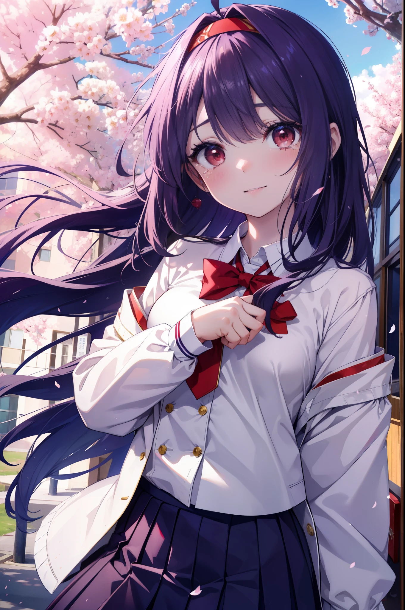 yuukikonno, Yuki Konno, hair band, long hair, pointed ears, purple hair, Ahoge,(red eyes:1.5), (small breasts:1.2), open your mouth,smile,blush,graduation ceremony,tilting the head,happy atmosphere,Big tears fall down her face,big tears of joy, break skirt, shirt, ribbon, school uniform, Jacket, 白色 shirt, 紫色 Jacket,  pleated skirt, purple blazer, White pantyhose,brown loafers,school building,Cherry blossoms are scattered,Cherry blossom tree-lined path,school uniformを着た生徒の群衆,ピンク色の景色
break looking at viewer, Upper body, whole body,
break outdoors, School,school building,
break (masterpiece:1.2), highest quality, High resolution, unity 8k wallpaper, (figure:0.8), (detailed and beautiful eyes:1.6), highly detailed face, perfect lighting, Very detailed CG, (perfect hands, perfect anatomy),