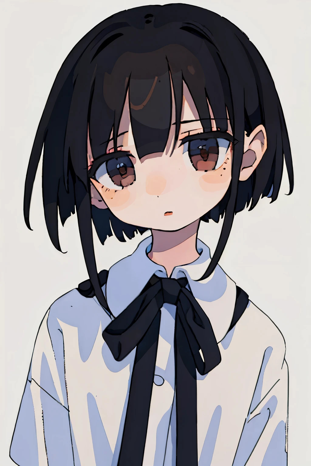 simple background, ribbon, Uniforms,
(best quality, masterpiece, original photo,Super detailed:1.2), 1 girl,alone,looking at the audience, pale skin, black hair, black sclera, white eyes, neutral expressions